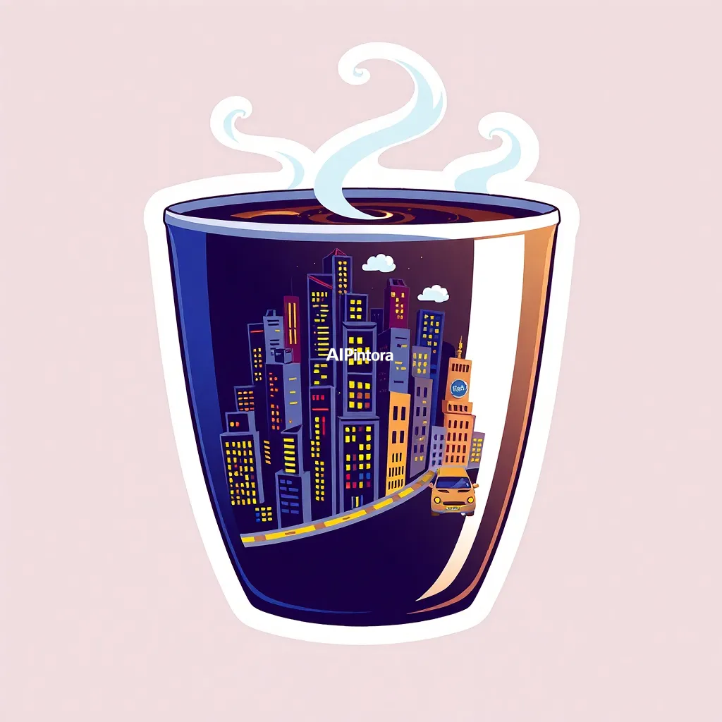 premium die-cut vinyl sticker illustration of coffee cup designed as a miniature futuristic city with tiny glowing streets and steam forming clouds,
    centered isolated artwork, thick bold white outline, glossy sticker finish,
    clean vector cartoon style, cute collectible design, etsy bestseller sticker style,
    vibrant colors, simple readable silhouette, smooth shapes,
    printable sticker pack quality, plain clean background,
    no mockup, no product photo, no background scene, no complex environment, masterpiece, best quality, ultra detailed, sharp focus, cinematic lighting, volumetric lighting, depth of field, global illumination, professional color grading, hyper detailed textures, clean composition, premium visual quality, award winning artwork, 8k