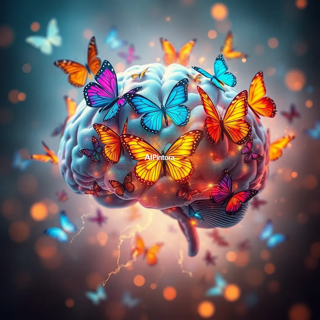 masterpiece surreal concept artwork of human brain made from colorful butterflies and glowing neural pathways,
    eye catching visual idea, creative object fusion, impossible design concept,
    cinematic storytelling, strong focal subject, beautiful environment,
    dramatic lighting, rich atmosphere, premium digital painting,
    viral social media artwork, highly clickable composition, masterpiece, best quality, ultra detailed, sharp focus, cinematic lighting, volumetric lighting, depth of field, global illumination, professional color grading, hyper detailed textures, clean composition, premium visual quality, award winning artwork, 8k