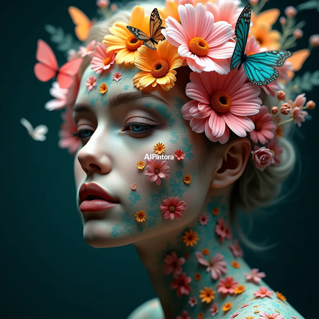 masterpiece surreal concept artwork of woman face made of flowers and butterflies,
    eye catching visual idea, creative object fusion, impossible design concept,
    cinematic storytelling, strong focal subject, beautiful environment,
    dramatic lighting, rich atmosphere, premium digital painting,
    viral social media artwork, highly clickable composition, masterpiece, best quality, ultra detailed, sharp focus, cinematic lighting, volumetric lighting, depth of field, global illumination, professional color grading, hyper detailed textures, clean composition, premium visual quality, award winning artwork, 8k