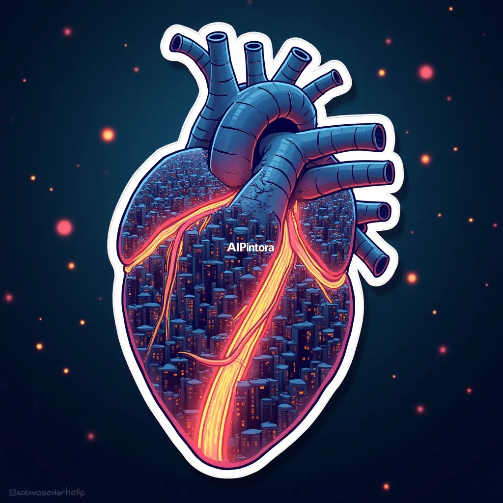 premium die-cut vinyl sticker illustration of a giant transparent human heart functioning as a city, glowing roads as blood vessels, thousands of tiny lights, cinematic night atmosphere, surreal concept art,
    centered isolated artwork, thick bold white outline, glossy sticker finish,
    clean vector cartoon style, cute collectible design, etsy bestseller sticker style,
    vibrant colors, simple readable silhouette, smooth shapes,
    printable sticker pack quality, plain clean background,
    no mockup, no product photo, no background scene, no complex environment, masterpiece, best quality, ultra detailed, sharp focus, cinematic lighting, volumetric lighting, depth of field, global illumination, professional color grading, hyper detailed textures, clean composition, premium visual quality, award winning artwork, 8k