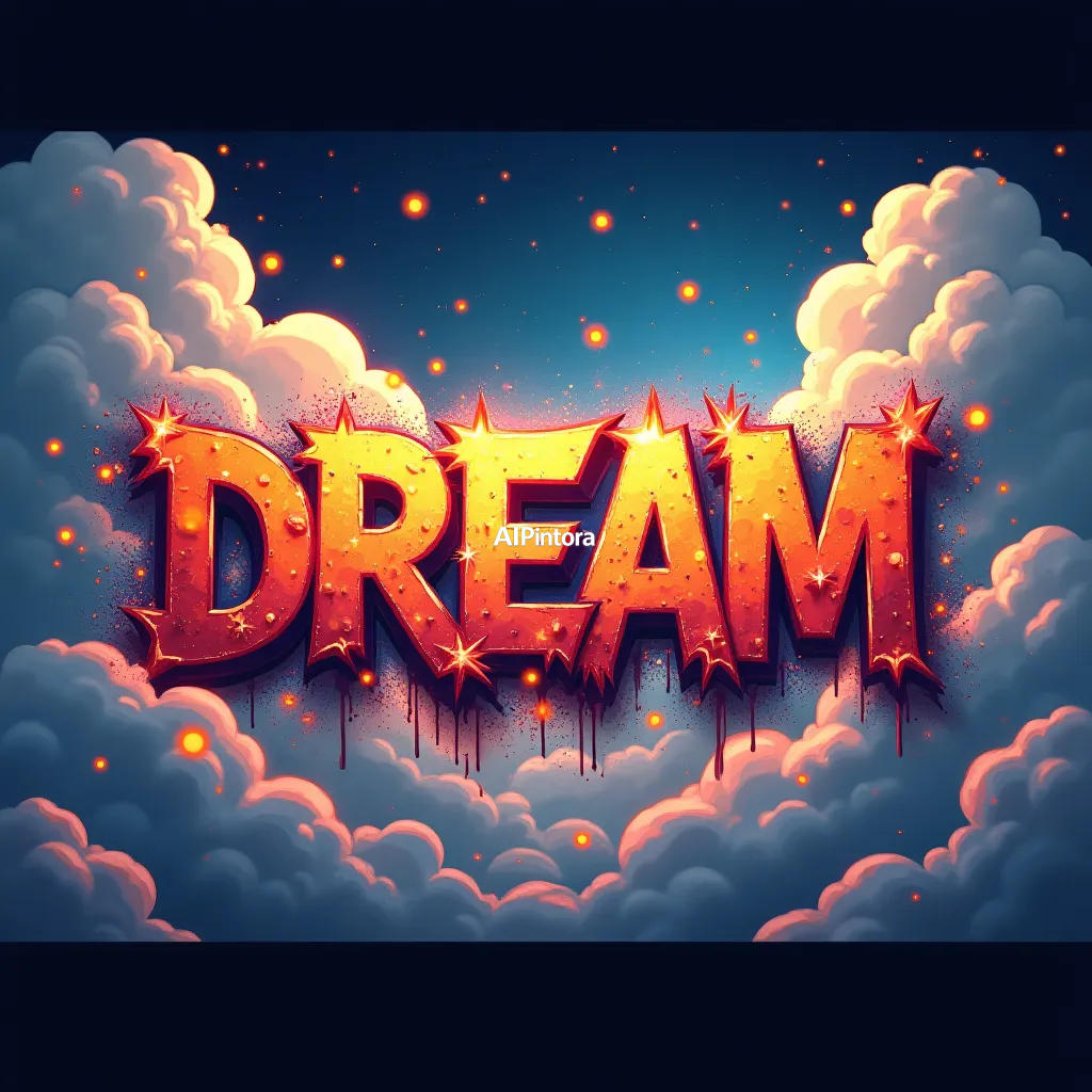 explosive graffiti typography artwork spelling or representing word DREAM formed from glowing stars and floating clouds, fantasy sky kingdom, magical lighting, inspirational typography artwork,
    bold 3D lettering, dripping paint textures, spray paint splashes,
    urban wall art energy, dynamic paint explosion, oversized typography focus,
    underground hip hop aesthetic, high contrast street art composition,
    clean readable main subject, premium poster graphic, masterpiece, best quality, ultra detailed, sharp focus, cinematic lighting, volumetric lighting, depth of field, global illumination, professional color grading, hyper detailed textures, clean composition, premium visual quality, award winning artwork, 8k