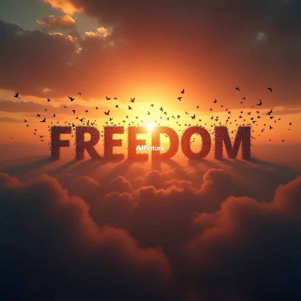 cinematic ultra detailed wallpaper of word FREEDOM formed by hundreds of flying birds, dramatic sunset sky, emotional concept illustration,
    immersive environment, epic wide composition, strong depth, atmospheric perspective,
    dramatic cinematic lighting, volumetric fog, particles, realistic shadows,
    vibrant professional color grading, beautiful background scene,
    desktop and mobile wallpaper quality, wallpaper engine style,
    no text, no watermark, no logo, masterpiece, best quality, ultra detailed, sharp focus, cinematic lighting, volumetric lighting, depth of field, global illumination, professional color grading, hyper detailed textures, clean composition, premium visual quality, award winning artwork, 8k