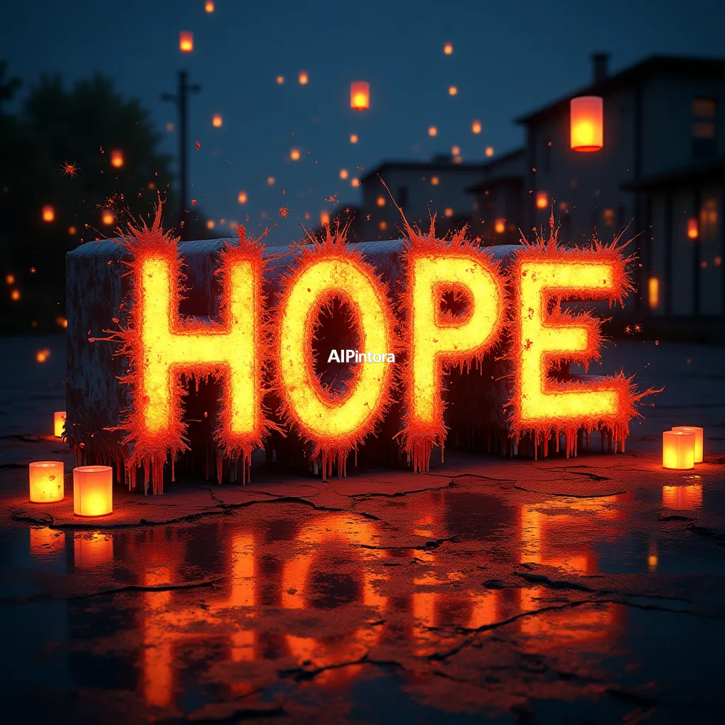 explosive graffiti typography artwork spelling or representing word HOPE made from floating lanterns and glowing lights, peaceful night atmosphere, ultra detailed typography artwork,
    bold 3D lettering, dripping paint textures, spray paint splashes,
    urban wall art energy, dynamic paint explosion, oversized typography focus,
    underground hip hop aesthetic, high contrast street art composition,
    clean readable main subject, premium poster graphic, masterpiece, best quality, ultra detailed, sharp focus, cinematic lighting, volumetric lighting, depth of field, global illumination, professional color grading, hyper detailed textures, clean composition, premium visual quality, award winning artwork, 8k
