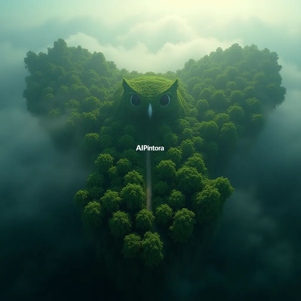 cinematic ultra detailed wallpaper of forest shaped like a giant owl seen from aerial perspective, environmental concept art, lush green nature,
    immersive environment, epic wide composition, strong depth, atmospheric perspective,
    dramatic cinematic lighting, volumetric fog, particles, realistic shadows,
    vibrant professional color grading, beautiful background scene,
    desktop and mobile wallpaper quality, wallpaper engine style,
    no text, no watermark, no logo, masterpiece, best quality, ultra detailed, sharp focus, cinematic lighting, volumetric lighting, depth of field, global illumination, professional color grading, hyper detailed textures, clean composition, premium visual quality, award winning artwork, 8k