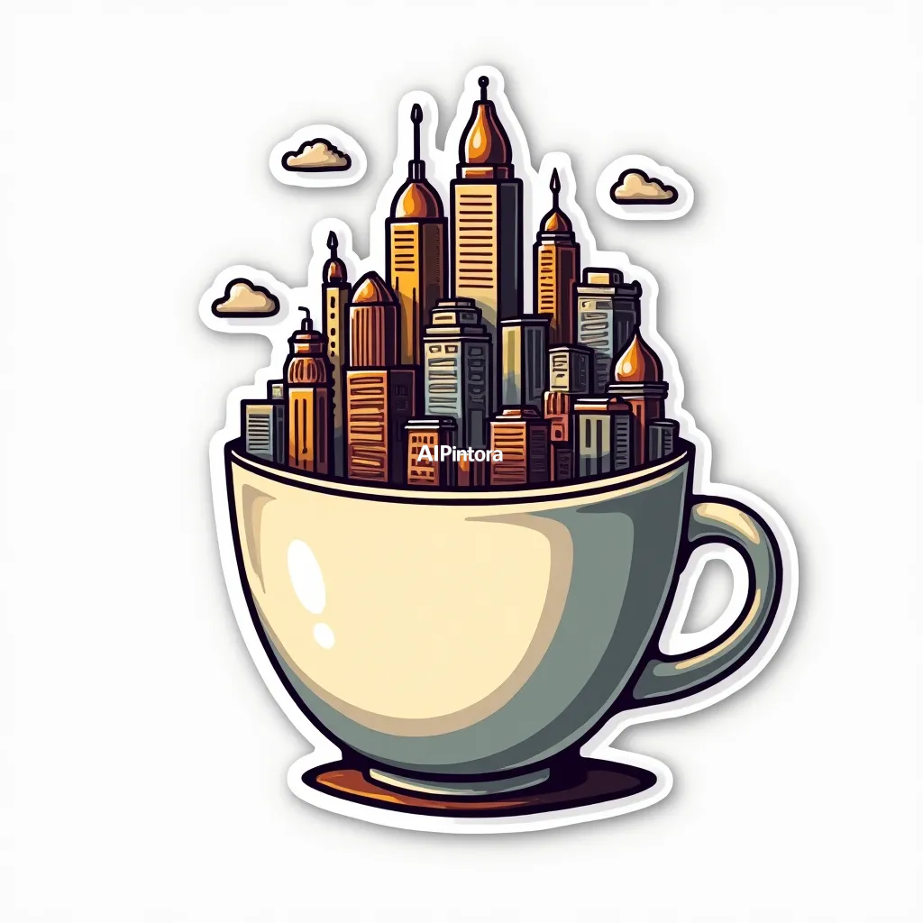 premium die-cut vinyl sticker illustration of coffee cup designed as a miniature futuristic city, creative advertising artwork, ultra detailed architecture,
    centered isolated artwork, thick bold white outline, glossy sticker finish,
    clean vector cartoon style, cute collectible design, etsy bestseller sticker style,
    vibrant colors, simple readable silhouette, smooth shapes,
    printable sticker pack quality, plain clean background,
    no mockup, no product photo, no background scene, no complex environment, masterpiece, best quality, ultra detailed, sharp focus, cinematic lighting, volumetric lighting, depth of field, global illumination, professional color grading, hyper detailed textures, clean composition, premium visual quality, award winning artwork, 8k