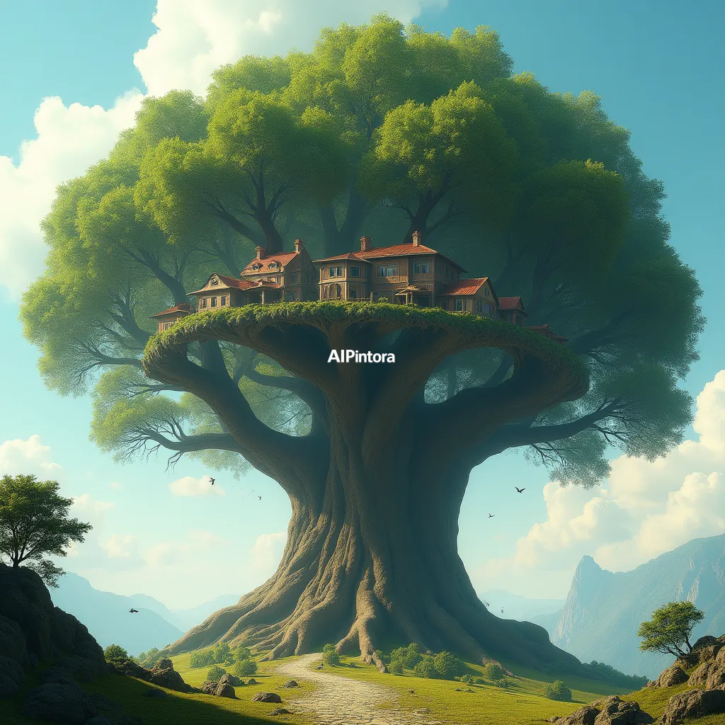 masterpiece surreal concept artwork of ancient tree carrying an entire village within its branches, fantasy worldbuilding artwork, ultra detailed scene,
    eye catching visual idea, creative object fusion, impossible design concept,
    cinematic storytelling, strong focal subject, beautiful environment,
    dramatic lighting, rich atmosphere, premium digital painting,
    viral social media artwork, highly clickable composition, masterpiece, best quality, ultra detailed, sharp focus, cinematic lighting, volumetric lighting, depth of field, global illumination, professional color grading, hyper detailed textures, clean composition, premium visual quality, award winning artwork, 8k