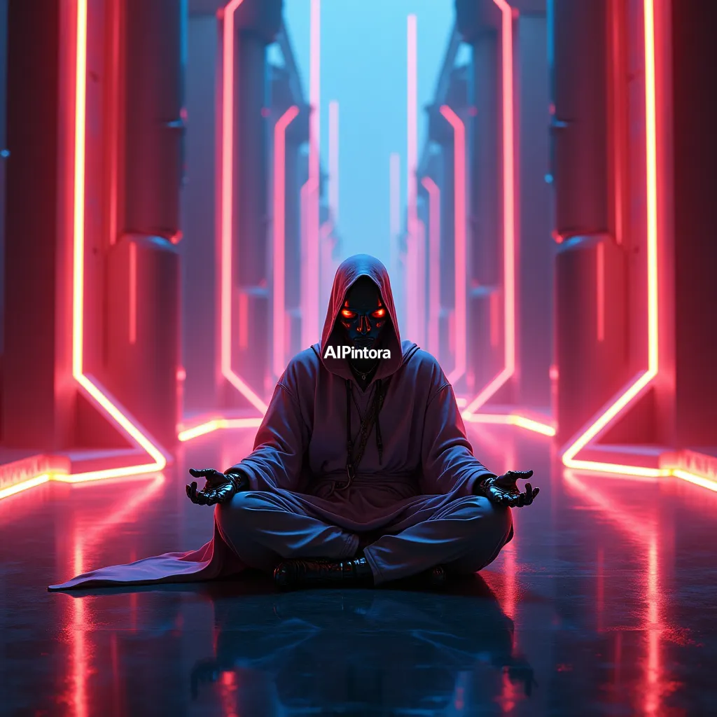 premium streetwear concept artwork of robot monk meditating inside a neon cyberpunk temple, futuristic spirituality artwork, glowing atmosphere,
    luxury urban fashion aesthetic, bold centered composition, hypebeast culture mood,
    neon accents, chrome details, graffiti splash elements, dramatic shadows,
    high contrast color palette, oversized apparel graphic energy,
    premium Gen Z street culture style, masterpiece, best quality, ultra detailed, sharp focus, cinematic lighting, volumetric lighting, depth of field, global illumination, professional color grading, hyper detailed textures, clean composition, premium visual quality, award winning artwork, 8k