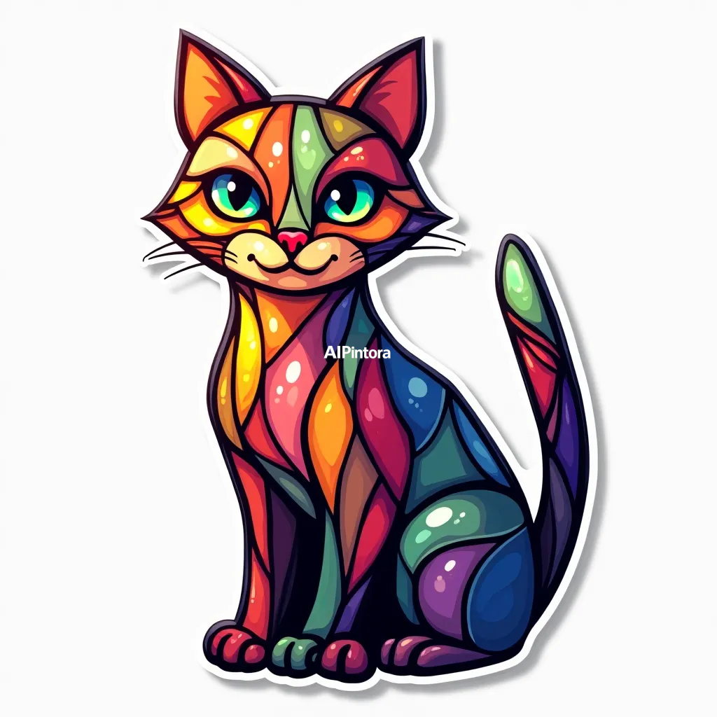premium die-cut vinyl sticker illustration of cat made entirely from colorful stained glass, sunlight reflections, artistic fantasy illustration,
    centered isolated artwork, thick bold white outline, glossy sticker finish,
    clean vector cartoon style, cute collectible design, etsy bestseller sticker style,
    vibrant colors, simple readable silhouette, smooth shapes,
    printable sticker pack quality, plain clean background,
    no mockup, no product photo, no background scene, no complex environment, masterpiece, best quality, ultra detailed, sharp focus, cinematic lighting, volumetric lighting, depth of field, global illumination, professional color grading, hyper detailed textures, clean composition, premium visual quality, award winning artwork, 8k