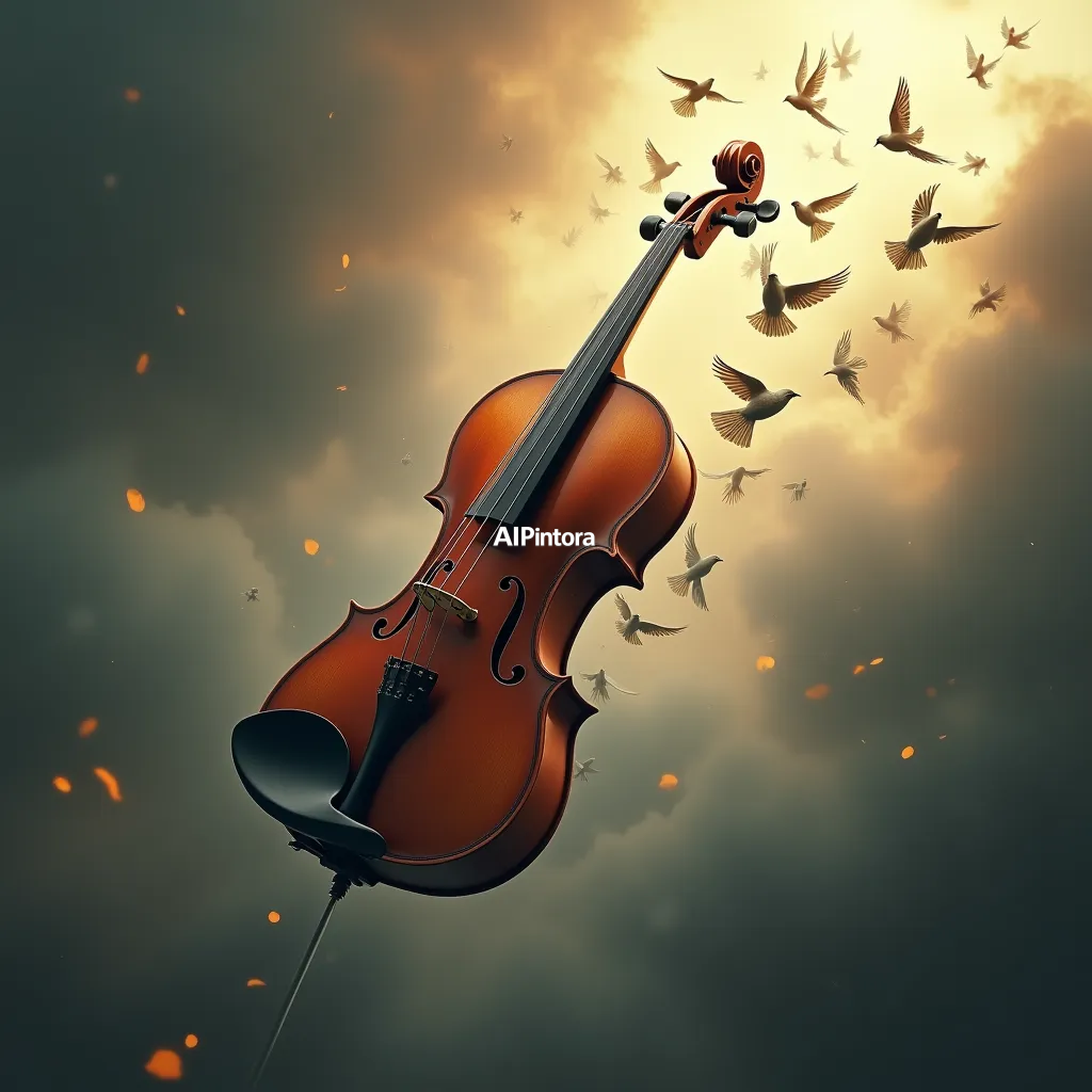 masterpiece surreal concept artwork of floating violin transforming into a flock of birds, musical fantasy concept art, emotional atmosphere,
    eye catching visual idea, creative object fusion, impossible design concept,
    cinematic storytelling, strong focal subject, beautiful environment,
    dramatic lighting, rich atmosphere, premium digital painting,
    viral social media artwork, highly clickable composition, masterpiece, best quality, ultra detailed, sharp focus, cinematic lighting, volumetric lighting, depth of field, global illumination, professional color grading, hyper detailed textures, clean composition, premium visual quality, award winning artwork, 8k