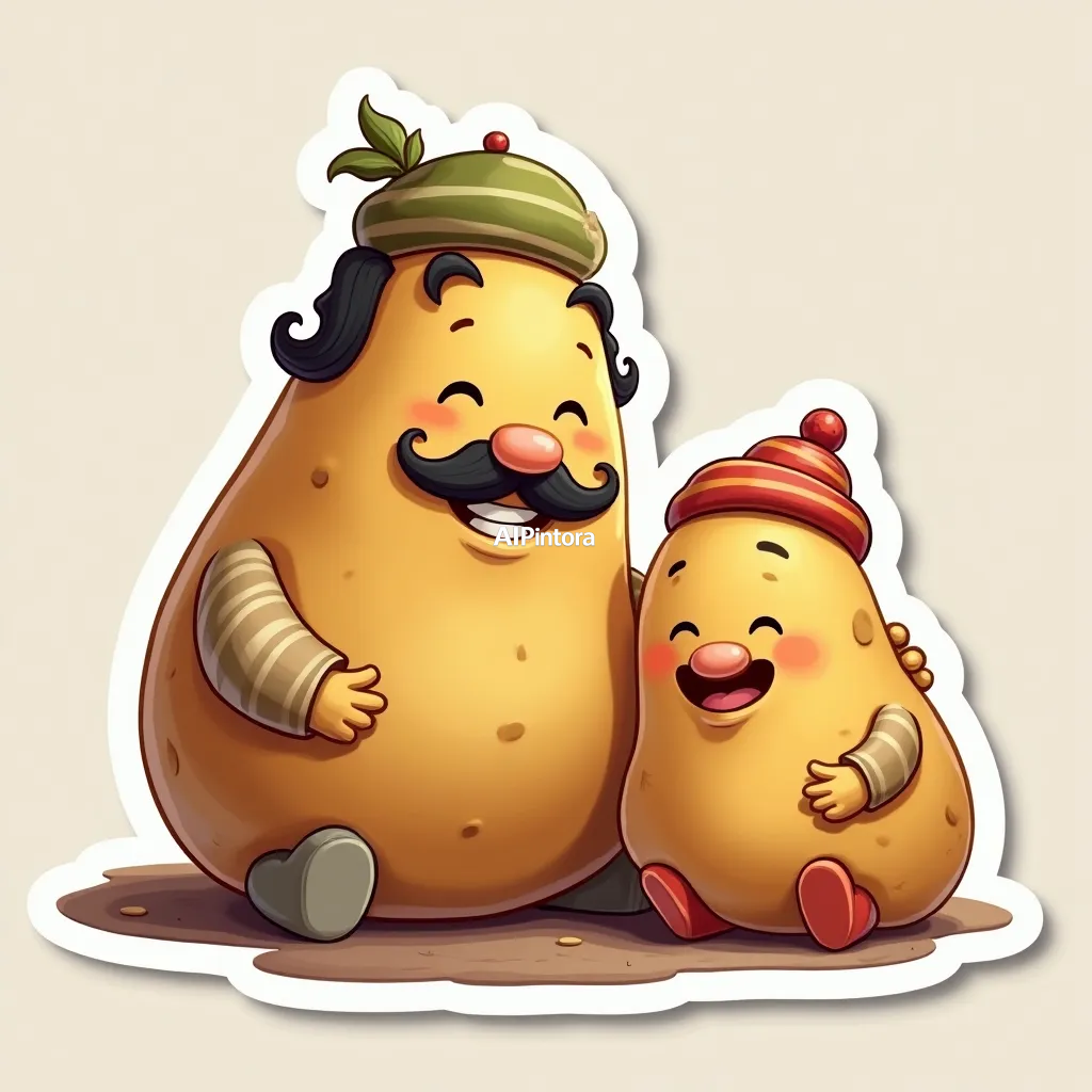 premium die-cut vinyl sticker illustration of Cute cartoon potato father with small moustache and Pakistani cap sitting with a small baby potato son in a colorful cartoon kitchen, both facing each other, funny expressions, bright colors, 3D cartoon style, Pixar-like, clean background, vertical 9:16.,
    centered isolated artwork, thick bold white outline, glossy sticker finish,
    clean vector cartoon style, cute collectible design, etsy bestseller sticker style,
    vibrant colors, simple readable silhouette, smooth shapes,
    printable sticker pack quality, plain clean background,
    no mockup, no product photo, no background scene, no complex environment, masterpiece, best quality, ultra detailed, sharp focus, cinematic lighting, volumetric lighting, depth of field, global illumination, professional color grading, hyper detailed textures, clean composition, premium visual quality, award winning artwork, 8k