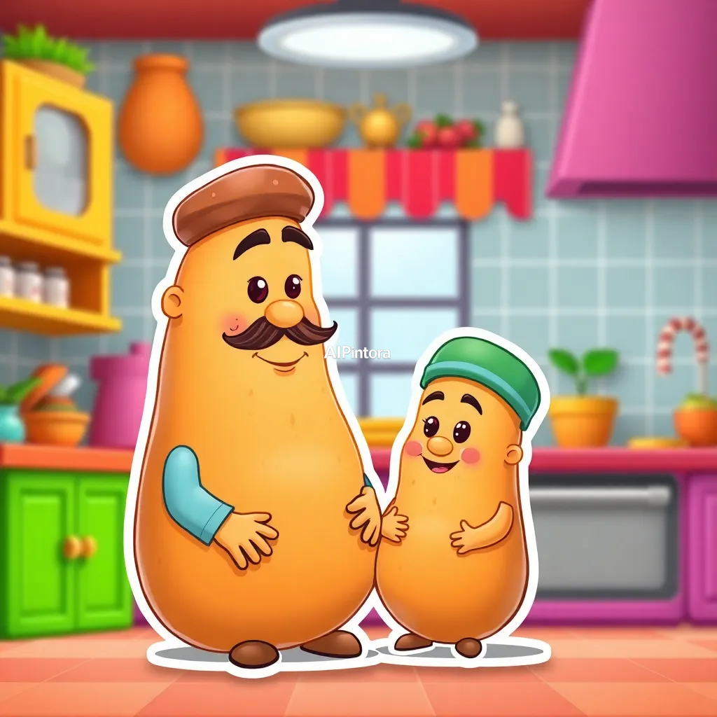premium die-cut vinyl sticker illustration of premium die-cut vinyl sticker illustration of Cute cartoon potato father with small moustache and Pakistani cap sitting with a small baby potato son in a colorful cartoon kitchen, both facing each other, funny expressions, bright colors, 3D cartoon style, Pixar-like, clean background, vertical 9:16., centered isolated artwork, thick bold white outline, glossy sticker finish, clean vector cartoon style, cute collectible design, etsy bestseller sticker style, vibrant colors, simple readable silhouette, smooth shapes, printable sticker pack quality, plain clean background, no mockup, no product photo, no background scene, no complex environment, masterpiece, best quality, ultra detailed, sharp focus, cinematic lighting, volumetric lighting, depth of field, global illumination, professional color grading, hyper detailed textures, clean composition, premium visual quality, award winning artwork, 8k,
    centered isolated artwork, thick bold white outline, glossy sticker finish,
    clean vector cartoon style, cute collectible design, etsy bestseller sticker style,
    vibrant colors, simple readable silhouette, smooth shapes,
    printable sticker pack quality, plain clean background,
    no mockup, no product photo, no background scene, no complex environment, masterpiece, best quality, ultra detailed, sharp focus, cinematic lighting, volumetric lighting, depth of field, global illumination, professional color grading, hyper detailed textures, clean composition, premium visual quality, award winning artwork, 8k