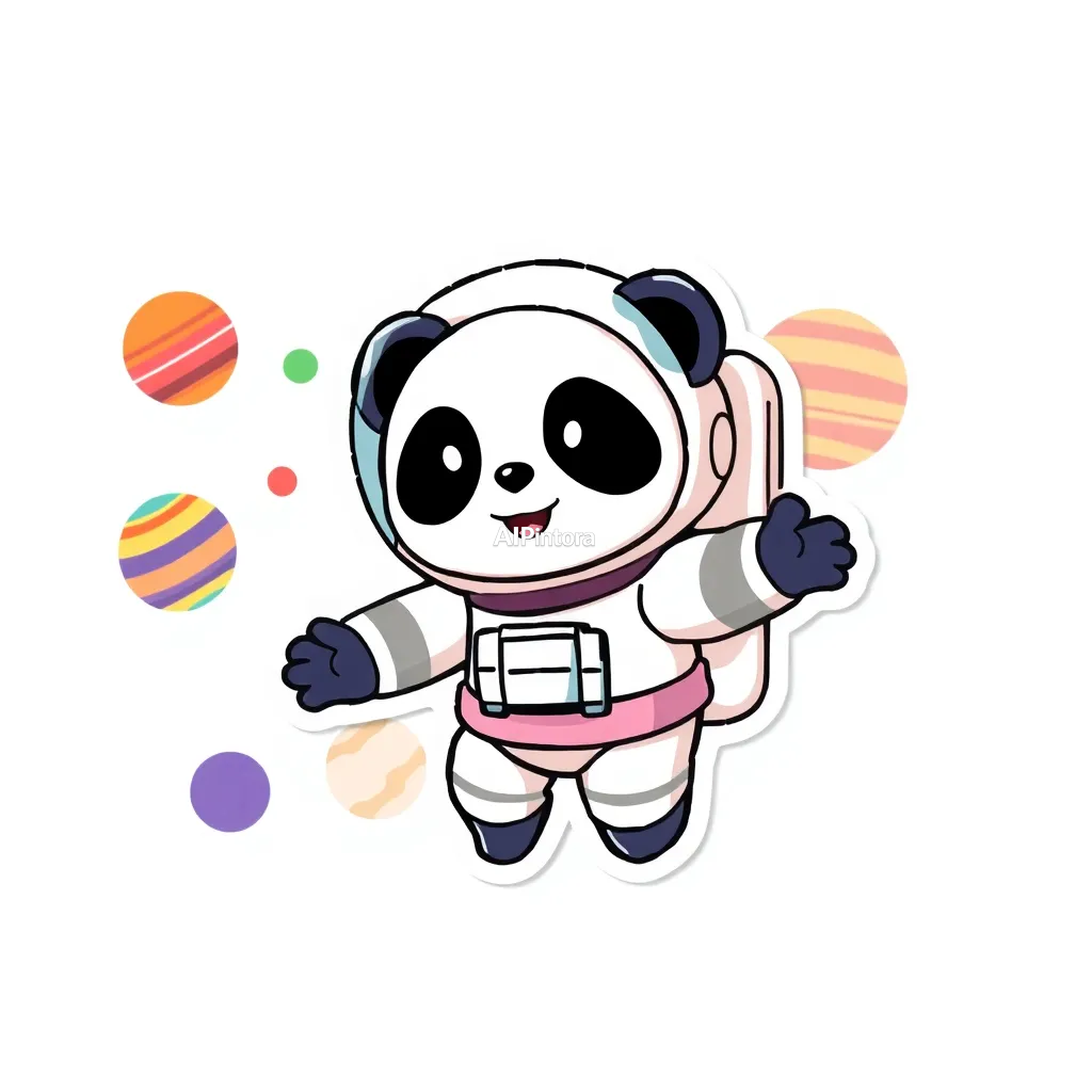 premium die-cut vinyl sticker illustration of cute panda astronaut sticker floating among colorful planets,
    centered isolated artwork, thick bold white outline, glossy sticker finish,
    clean vector cartoon style, cute collectible design, etsy bestseller sticker style,
    vibrant colors, simple readable silhouette, smooth shapes,
    printable sticker pack quality, plain clean background,
    no mockup, no product photo, no background scene, no complex environment, masterpiece, best quality, ultra detailed, sharp focus, cinematic lighting, volumetric lighting, depth of field, global illumination, professional color grading, hyper detailed textures, clean composition, premium visual quality, award winning artwork, 8k