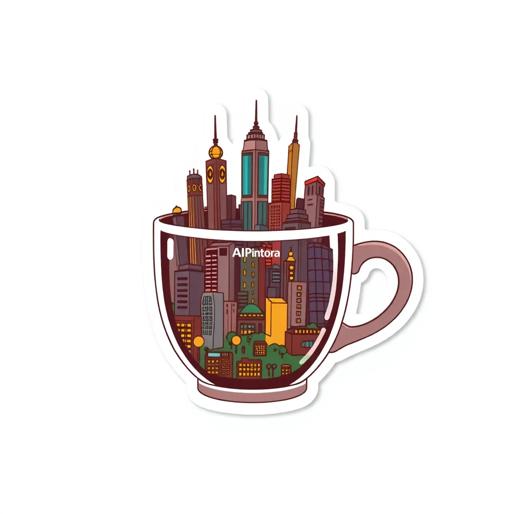 premium die-cut vinyl sticker illustration of coffee cup containing an entire miniature futuristic city,
    centered isolated artwork, thick bold white outline, glossy sticker finish,
    clean vector cartoon style, cute collectible design, etsy bestseller sticker style,
    vibrant colors, simple readable silhouette, smooth shapes,
    printable sticker pack quality, plain clean background,
    no mockup, no product photo, no background scene, no complex environment, masterpiece, best quality, ultra detailed, sharp focus, cinematic lighting, volumetric lighting, depth of field, global illumination, professional color grading, hyper detailed textures, clean composition, premium visual quality, award winning artwork, 8k