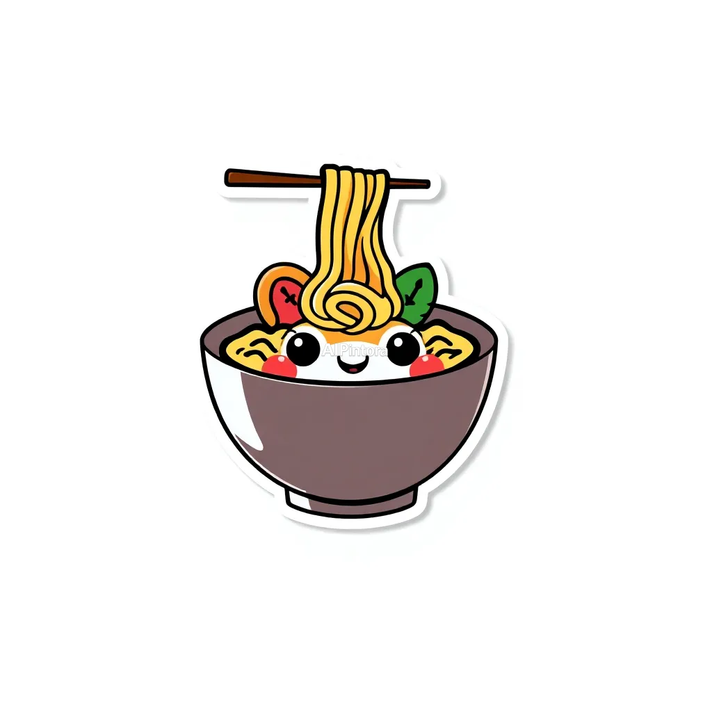 premium die-cut vinyl sticker illustration of cute ramen bowl mascot sticker with kawaii expression,
    centered isolated artwork, thick bold white outline, glossy sticker finish,
    clean vector cartoon style, cute collectible design, etsy bestseller sticker style,
    vibrant colors, simple readable silhouette, smooth shapes,
    printable sticker pack quality, plain clean background,
    no mockup, no product photo, no background scene, no complex environment, masterpiece, best quality, ultra detailed, sharp focus, cinematic lighting, volumetric lighting, depth of field, global illumination, professional color grading, hyper detailed textures, clean composition, premium visual quality, award winning artwork, 8k