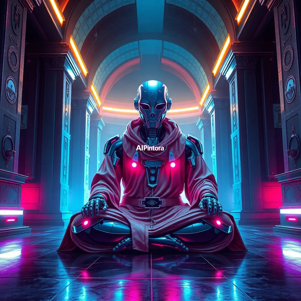 premium streetwear concept artwork of robot monk meditating inside a neon cyberpunk temple,
    luxury urban fashion aesthetic, bold centered composition, hypebeast culture mood,
    neon accents, chrome details, graffiti splash elements, dramatic shadows,
    high contrast color palette, oversized apparel graphic energy,
    premium Gen Z street culture style, masterpiece, best quality, ultra detailed, sharp focus, cinematic lighting, volumetric lighting, depth of field, global illumination, professional color grading, hyper detailed textures, clean composition, premium visual quality, award winning artwork, 8k