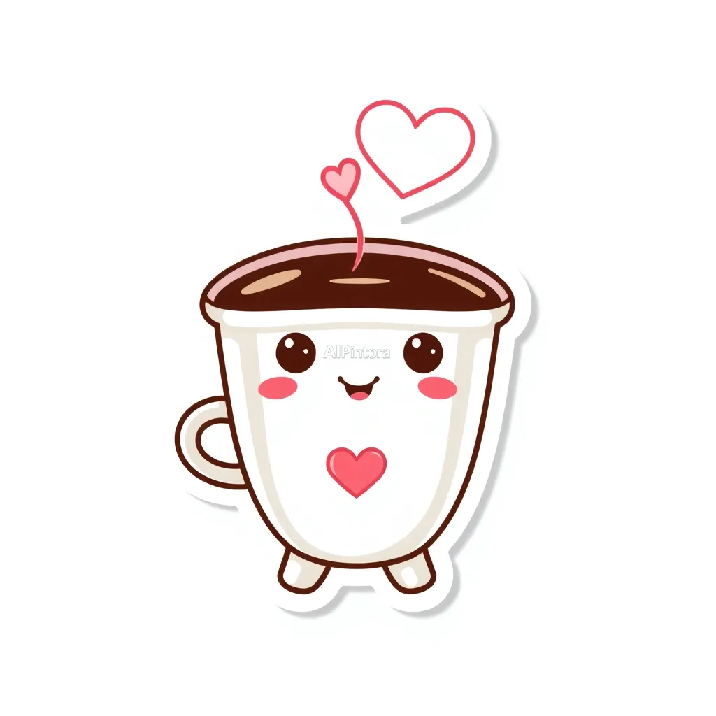 premium die-cut vinyl sticker illustration of cute coffee cup character sticker with heart shaped steam,
    centered isolated artwork, thick bold white outline, glossy sticker finish,
    clean vector cartoon style, cute collectible design, etsy bestseller sticker style,
    vibrant colors, simple readable silhouette, smooth shapes,
    printable sticker pack quality, plain clean background,
    no mockup, no product photo, no background scene, no complex environment, masterpiece, best quality, ultra detailed, sharp focus, cinematic lighting, volumetric lighting, depth of field, global illumination, professional color grading, hyper detailed textures, clean composition, premium visual quality, award winning artwork, 8k