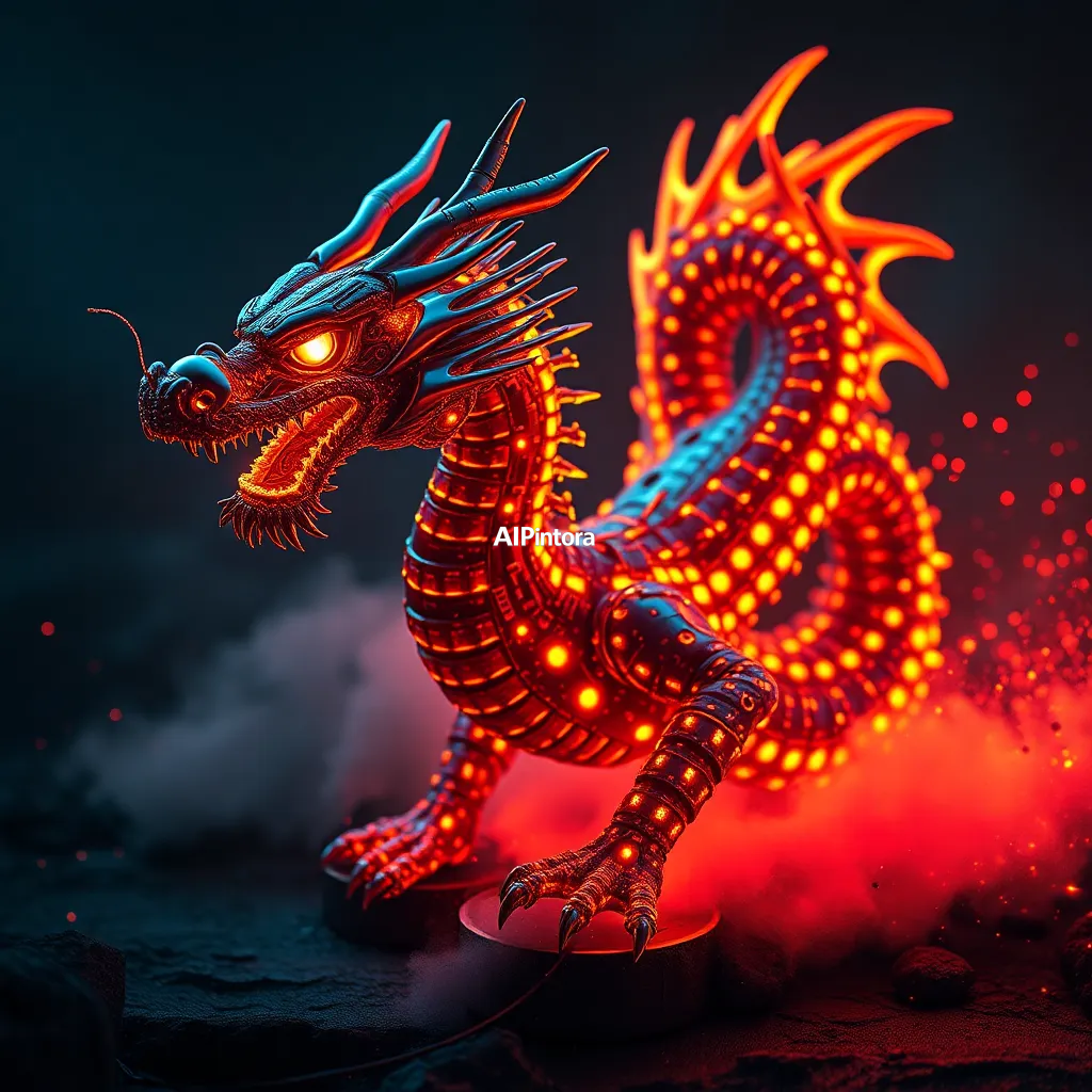 premium streetwear concept artwork of dragon constructed entirely from glowing circuit boards,
    luxury urban fashion aesthetic, bold centered composition, hypebeast culture mood,
    neon accents, chrome details, graffiti splash elements, dramatic shadows,
    high contrast color palette, oversized apparel graphic energy,
    premium Gen Z street culture style, masterpiece, best quality, ultra detailed, sharp focus, cinematic lighting, volumetric lighting, depth of field, global illumination, professional color grading, hyper detailed textures, clean composition, premium visual quality, award winning artwork, 8k