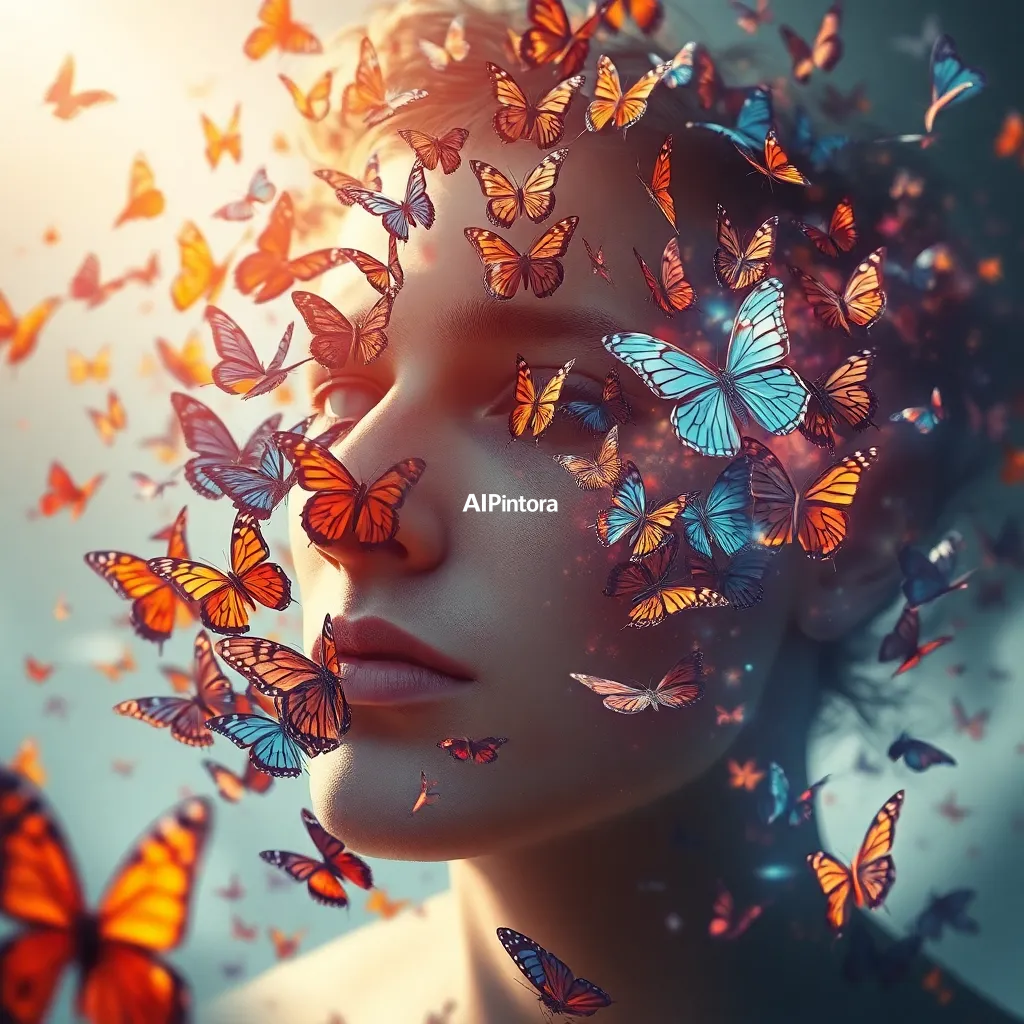 masterpiece surreal concept artwork of human face dissolving into thousands of butterflies,
    eye catching visual idea, creative object fusion, impossible design concept,
    cinematic storytelling, strong focal subject, beautiful environment,
    dramatic lighting, rich atmosphere, premium digital painting,
    viral social media artwork, highly clickable composition, masterpiece, best quality, ultra detailed, sharp focus, cinematic lighting, volumetric lighting, depth of field, global illumination, professional color grading, hyper detailed textures, clean composition, premium visual quality, award winning artwork, 8k