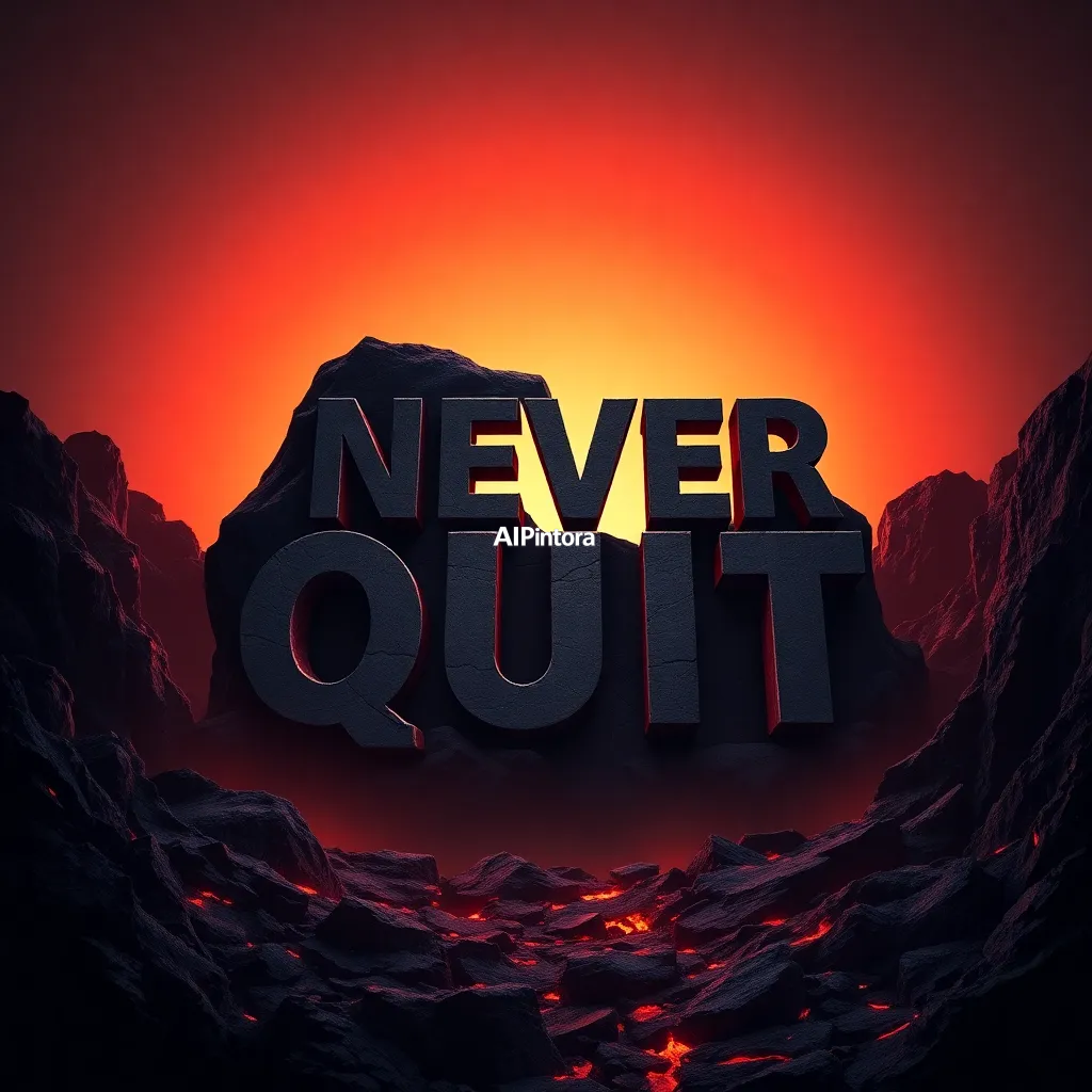 premium printable t-shirt graphic design featuring NEVER QUIT typography carved into volcanic stone,
    isolated centered artwork, strong silhouette, bold readable composition,
    streetwear apparel graphic, merch by amazon style, commercial print ready,
    high contrast illustration, clean edges, limited background,
    easy background removal, poster quality apparel artwork,
    no model, no person wearing shirt, no t-shirt mockup, no product photo,
    no room background, no messy background, no random extra objects,
    no shadows on background, masterpiece, best quality, ultra detailed, sharp focus, cinematic lighting, volumetric lighting, depth of field, global illumination, professional color grading, hyper detailed textures, clean composition, premium visual quality, award winning artwork, 8k