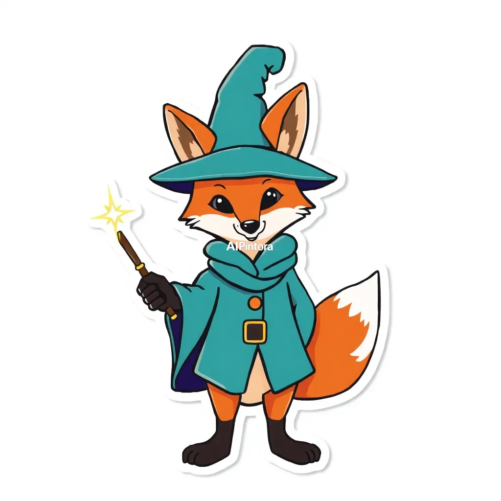 premium die-cut vinyl sticker illustration of cute fox wizard sticker holding a magic wand,
    centered isolated artwork, thick bold white outline, glossy sticker finish,
    clean vector cartoon style, cute collectible design, etsy bestseller sticker style,
    vibrant colors, simple readable silhouette, smooth shapes,
    printable sticker pack quality, plain clean background,
    no mockup, no product photo, no background scene, no complex environment, masterpiece, best quality, ultra detailed, sharp focus, cinematic lighting, volumetric lighting, depth of field, global illumination, professional color grading, hyper detailed textures, clean composition, premium visual quality, award winning artwork, 8k