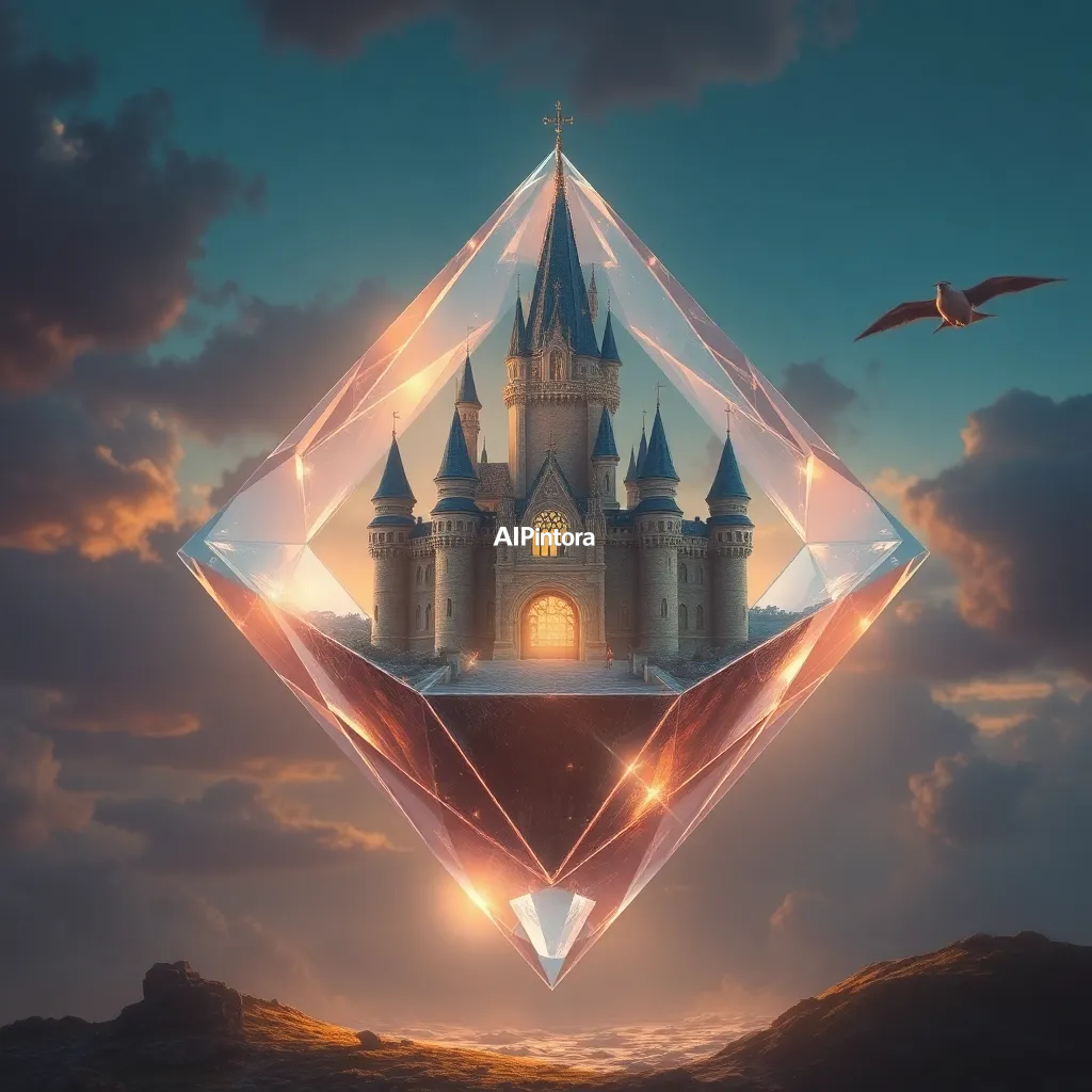 masterpiece surreal concept artwork of floating castle trapped inside a crystal diamond,
    eye catching visual idea, creative object fusion, impossible design concept,
    cinematic storytelling, strong focal subject, beautiful environment,
    dramatic lighting, rich atmosphere, premium digital painting,
    viral social media artwork, highly clickable composition, masterpiece, best quality, ultra detailed, sharp focus, cinematic lighting, volumetric lighting, depth of field, global illumination, professional color grading, hyper detailed textures, clean composition, premium visual quality, award winning artwork, 8k