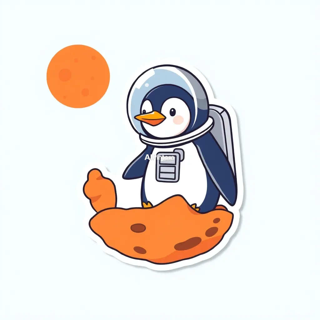 premium die-cut vinyl sticker illustration of cute penguin astronaut sticker exploring Mars,
    centered isolated artwork, thick bold white outline, glossy sticker finish,
    clean vector cartoon style, cute collectible design, etsy bestseller sticker style,
    vibrant colors, simple readable silhouette, smooth shapes,
    printable sticker pack quality, plain clean background,
    no mockup, no product photo, no background scene, no complex environment, masterpiece, best quality, ultra detailed, sharp focus, cinematic lighting, volumetric lighting, depth of field, global illumination, professional color grading, hyper detailed textures, clean composition, premium visual quality, award winning artwork, 8k