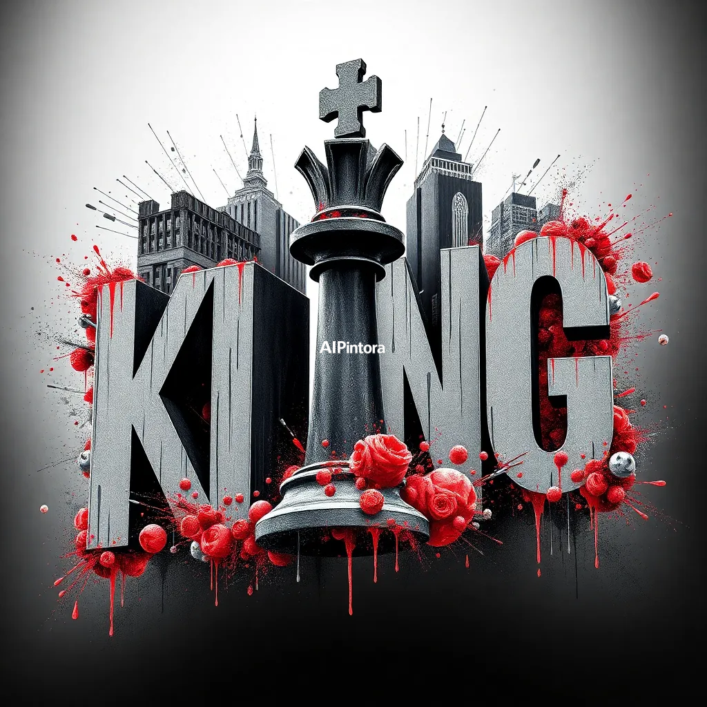 explosive graffiti typography artwork spelling or representing chess king made entirely of skyscrapers and architecture,
    bold 3D lettering, dripping paint textures, spray paint splashes,
    urban wall art energy, dynamic paint explosion, oversized typography focus,
    underground hip hop aesthetic, high contrast street art composition,
    clean readable main subject, premium poster graphic, masterpiece, best quality, ultra detailed, sharp focus, cinematic lighting, volumetric lighting, depth of field, global illumination, professional color grading, hyper detailed textures, clean composition, premium visual quality, award winning artwork, 8k