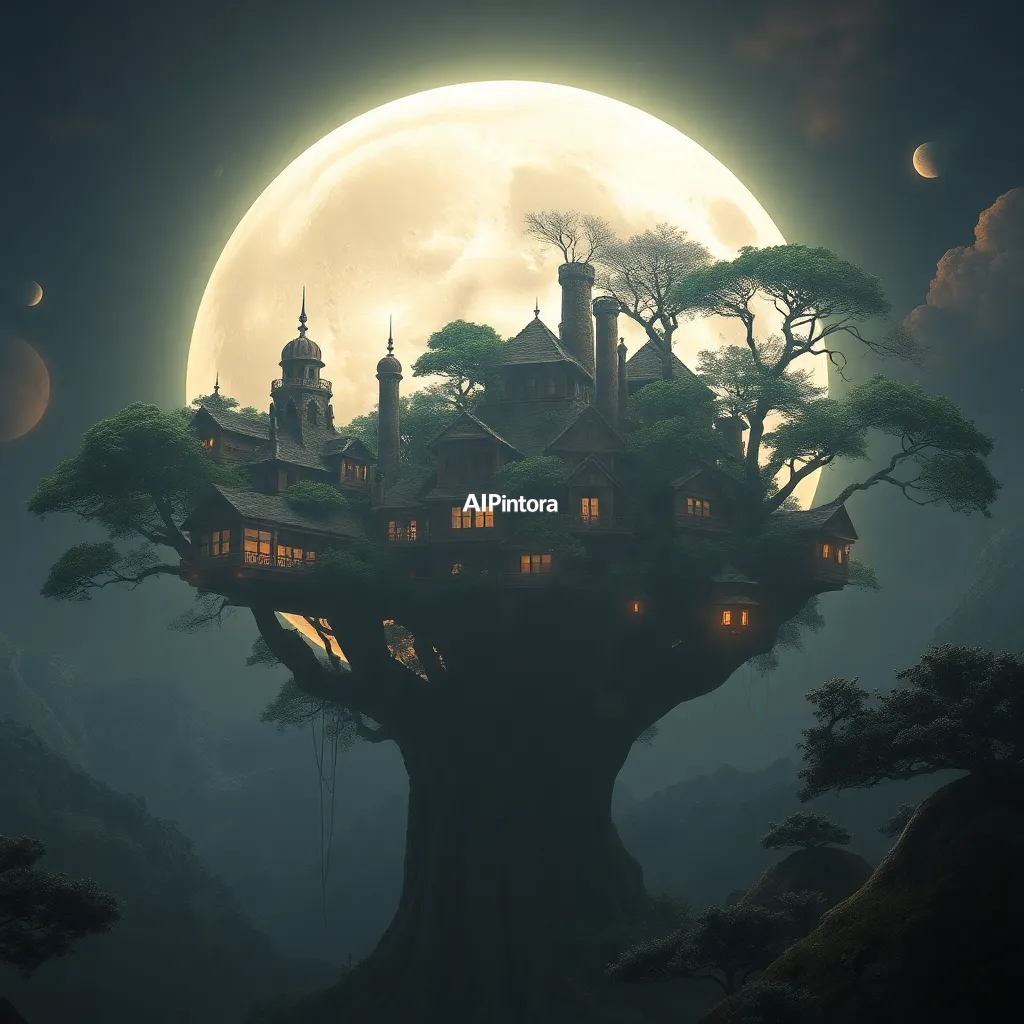 masterpiece surreal concept artwork of moon transformed into a giant treehouse civilization,
    eye catching visual idea, creative object fusion, impossible design concept,
    cinematic storytelling, strong focal subject, beautiful environment,
    dramatic lighting, rich atmosphere, premium digital painting,
    viral social media artwork, highly clickable composition, masterpiece, best quality, ultra detailed, sharp focus, cinematic lighting, volumetric lighting, depth of field, global illumination, professional color grading, hyper detailed textures, clean composition, premium visual quality, award winning artwork, 8k