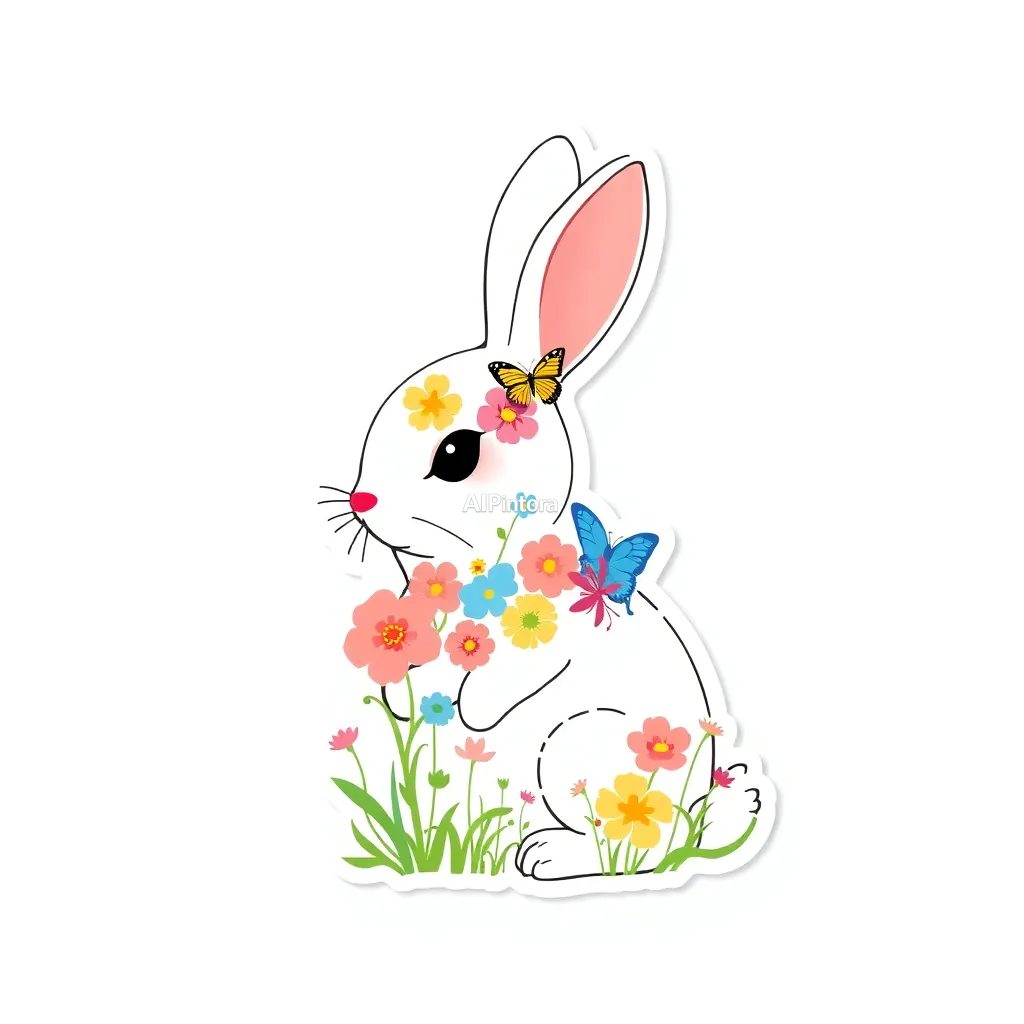 premium die-cut vinyl sticker illustration of cute rabbit sticker made from flowers and butterflies,
    centered isolated artwork, thick bold white outline, glossy sticker finish,
    clean vector cartoon style, cute collectible design, etsy bestseller sticker style,
    vibrant colors, simple readable silhouette, smooth shapes,
    printable sticker pack quality, plain clean background,
    no mockup, no product photo, no background scene, no complex environment, masterpiece, best quality, ultra detailed, sharp focus, cinematic lighting, volumetric lighting, depth of field, global illumination, professional color grading, hyper detailed textures, clean composition, premium visual quality, award winning artwork, 8k