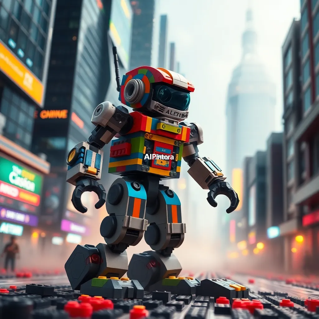 cinematic ultra detailed wallpaper of toy robot built from colorful lego bricks in futuristic city,
    immersive environment, epic wide composition, strong depth, atmospheric perspective,
    dramatic cinematic lighting, volumetric fog, particles, realistic shadows,
    vibrant professional color grading, beautiful background scene,
    desktop and mobile wallpaper quality, wallpaper engine style,
    no text, no watermark, no logo, masterpiece, best quality, ultra detailed, sharp focus, cinematic lighting, volumetric lighting, depth of field, global illumination, professional color grading, hyper detailed textures, clean composition, premium visual quality, award winning artwork, 8k