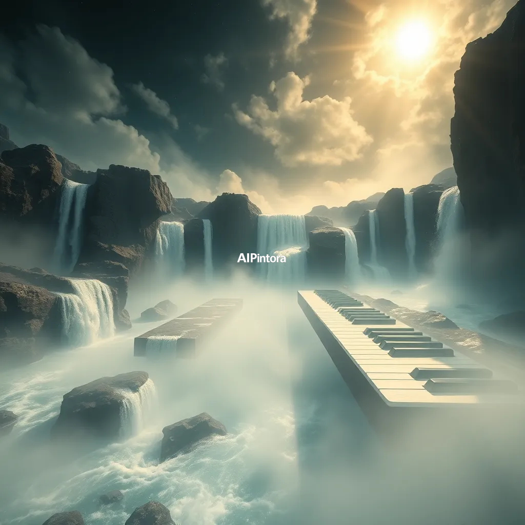 cinematic ultra detailed wallpaper of floating piano keys transforming into waterfalls and rivers across a fantasy landscape,
    immersive environment, epic wide composition, strong depth, atmospheric perspective,
    dramatic cinematic lighting, volumetric fog, particles, realistic shadows,
    vibrant professional color grading, beautiful background scene,
    desktop and mobile wallpaper quality, wallpaper engine style,
    no text, no watermark, no logo, masterpiece, best quality, ultra detailed, sharp focus, cinematic lighting, volumetric lighting, depth of field, global illumination, professional color grading, hyper detailed textures, clean composition, premium visual quality, award winning artwork, 8k