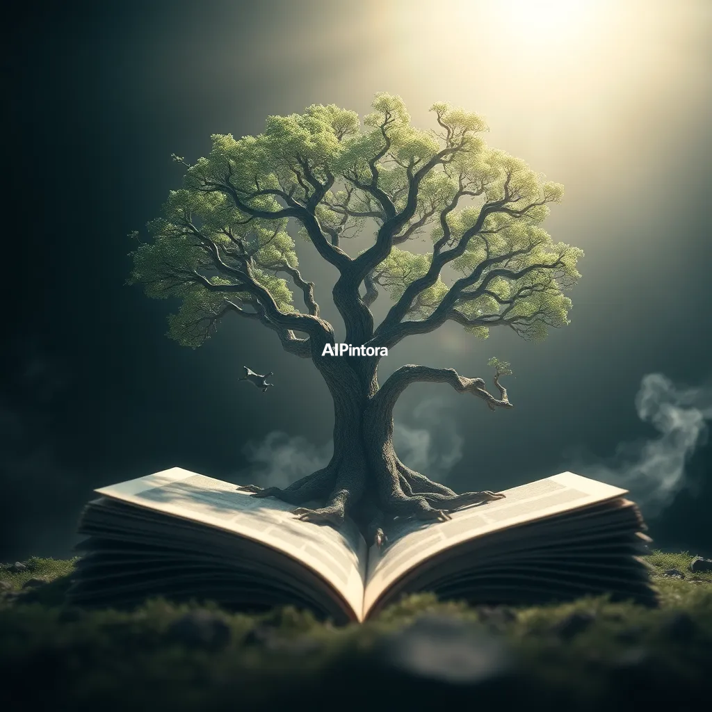 masterpiece surreal concept artwork of a giant tree growing from an open book, branches forming continents,
    eye catching visual idea, creative object fusion, impossible design concept,
    cinematic storytelling, strong focal subject, beautiful environment,
    dramatic lighting, rich atmosphere, premium digital painting,
    viral social media artwork, highly clickable composition, masterpiece, best quality, ultra detailed, sharp focus, cinematic lighting, volumetric lighting, depth of field, global illumination, professional color grading, hyper detailed textures, clean composition, premium visual quality, award winning artwork, 8k