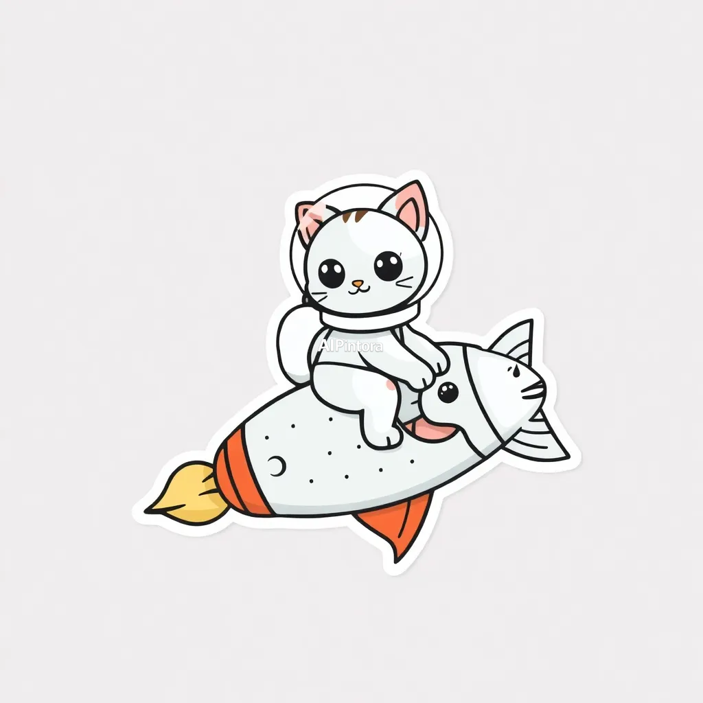 premium die-cut vinyl sticker illustration of cute astronaut cat sticker riding a rocket shaped like a fish,
    centered isolated artwork, thick bold white outline, glossy sticker finish,
    clean vector cartoon style, cute collectible design, etsy bestseller sticker style,
    vibrant colors, simple readable silhouette, smooth shapes,
    printable sticker pack quality, plain clean background,
    no mockup, no product photo, no background scene, no complex environment, masterpiece, best quality, ultra detailed, sharp focus, cinematic lighting, volumetric lighting, depth of field, global illumination, professional color grading, hyper detailed textures, clean composition, premium visual quality, award winning artwork, 8k