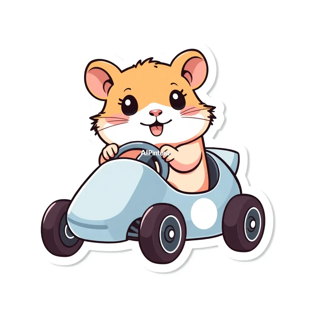 premium die-cut vinyl sticker illustration of cute hamster sticker driving a tiny race car,
    centered isolated artwork, thick bold white outline, glossy sticker finish,
    clean vector cartoon style, cute collectible design, etsy bestseller sticker style,
    vibrant colors, simple readable silhouette, smooth shapes,
    printable sticker pack quality, plain clean background,
    no mockup, no product photo, no background scene, no complex environment, masterpiece, best quality, ultra detailed, sharp focus, cinematic lighting, volumetric lighting, depth of field, global illumination, professional color grading, hyper detailed textures, clean composition, premium visual quality, award winning artwork, 8k