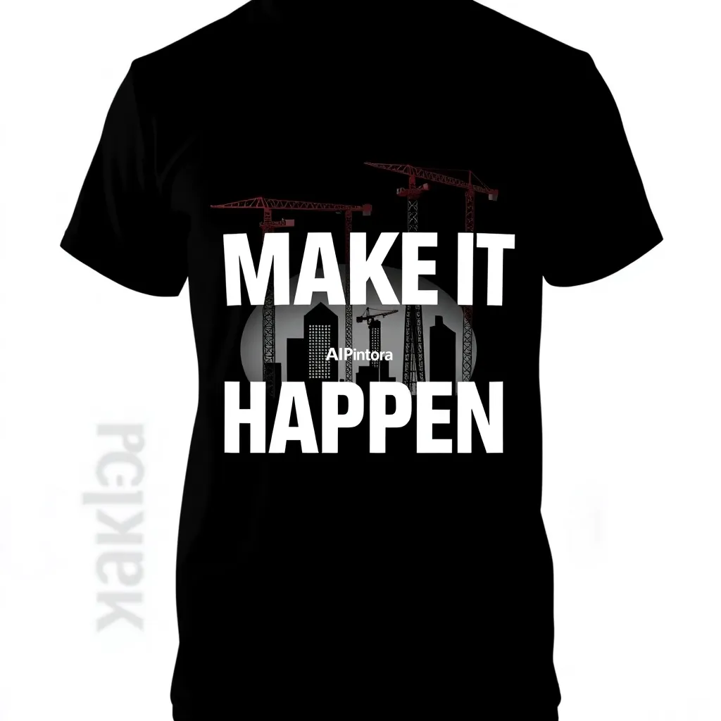 premium printable t-shirt graphic design featuring MAKE IT HAPPEN typography built from construction cranes and skyscrapers,
    isolated centered artwork, strong silhouette, bold readable composition,
    streetwear apparel graphic, merch by amazon style, commercial print ready,
    high contrast illustration, clean edges, limited background,
    easy background removal, poster quality apparel artwork,
    no model, no person wearing shirt, no t-shirt mockup, no product photo,
    no room background, no messy background, no random extra objects,
    no shadows on background, masterpiece, best quality, ultra detailed, sharp focus, cinematic lighting, volumetric lighting, depth of field, global illumination, professional color grading, hyper detailed textures, clean composition, premium visual quality, award winning artwork, 8k