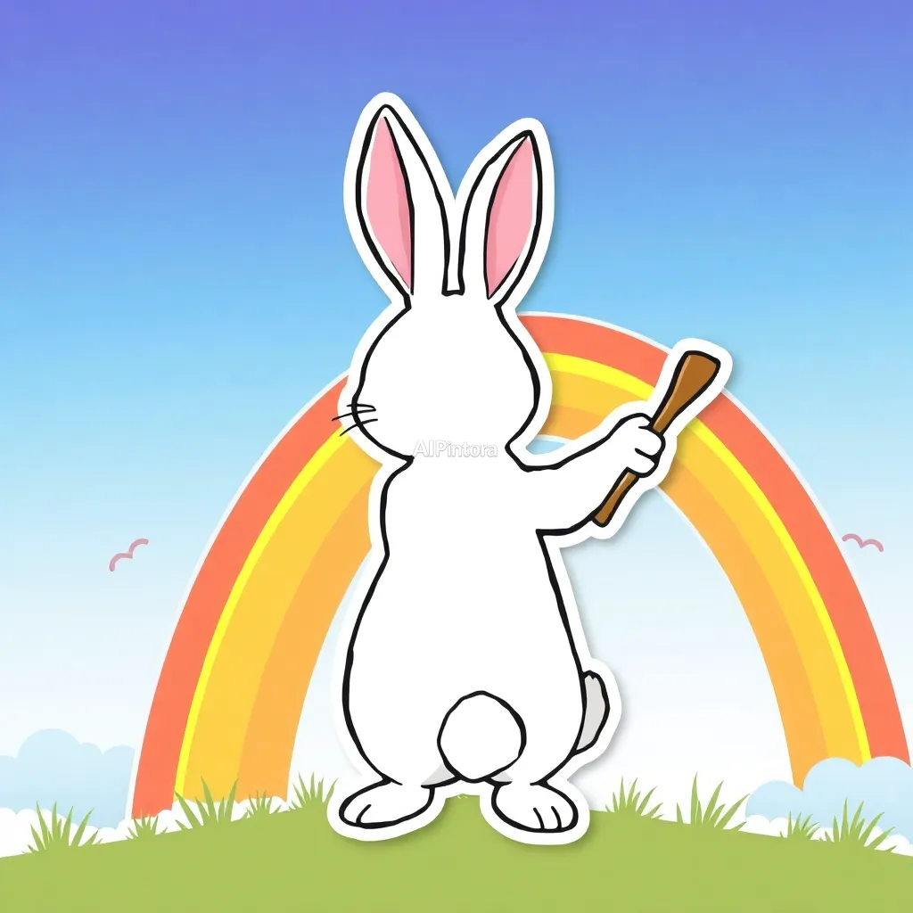 premium die-cut vinyl sticker illustration of cute rabbit sticker painting rainbows across the sky,
    centered isolated artwork, thick bold white outline, glossy sticker finish,
    clean vector cartoon style, cute collectible design, etsy bestseller sticker style,
    vibrant colors, simple readable silhouette, smooth shapes,
    printable sticker pack quality, plain clean background,
    no mockup, no product photo, no background scene, no complex environment, masterpiece, best quality, ultra detailed, sharp focus, cinematic lighting, volumetric lighting, depth of field, global illumination, professional color grading, hyper detailed textures, clean composition, premium visual quality, award winning artwork, 8k