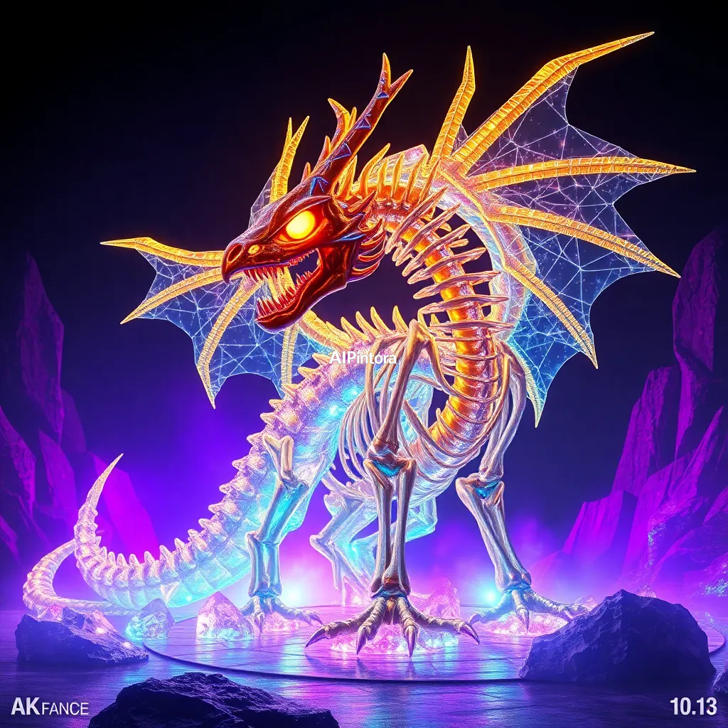 premium streetwear concept artwork of a dragon skeleton transformed into a glowing crystal palace,
    luxury urban fashion aesthetic, bold centered composition, hypebeast culture mood,
    neon accents, chrome details, graffiti splash elements, dramatic shadows,
    high contrast color palette, oversized apparel graphic energy,
    premium Gen Z street culture style, masterpiece, best quality, ultra detailed, sharp focus, cinematic lighting, volumetric lighting, depth of field, global illumination, professional color grading, hyper detailed textures, clean composition, premium visual quality, award winning artwork, 8k