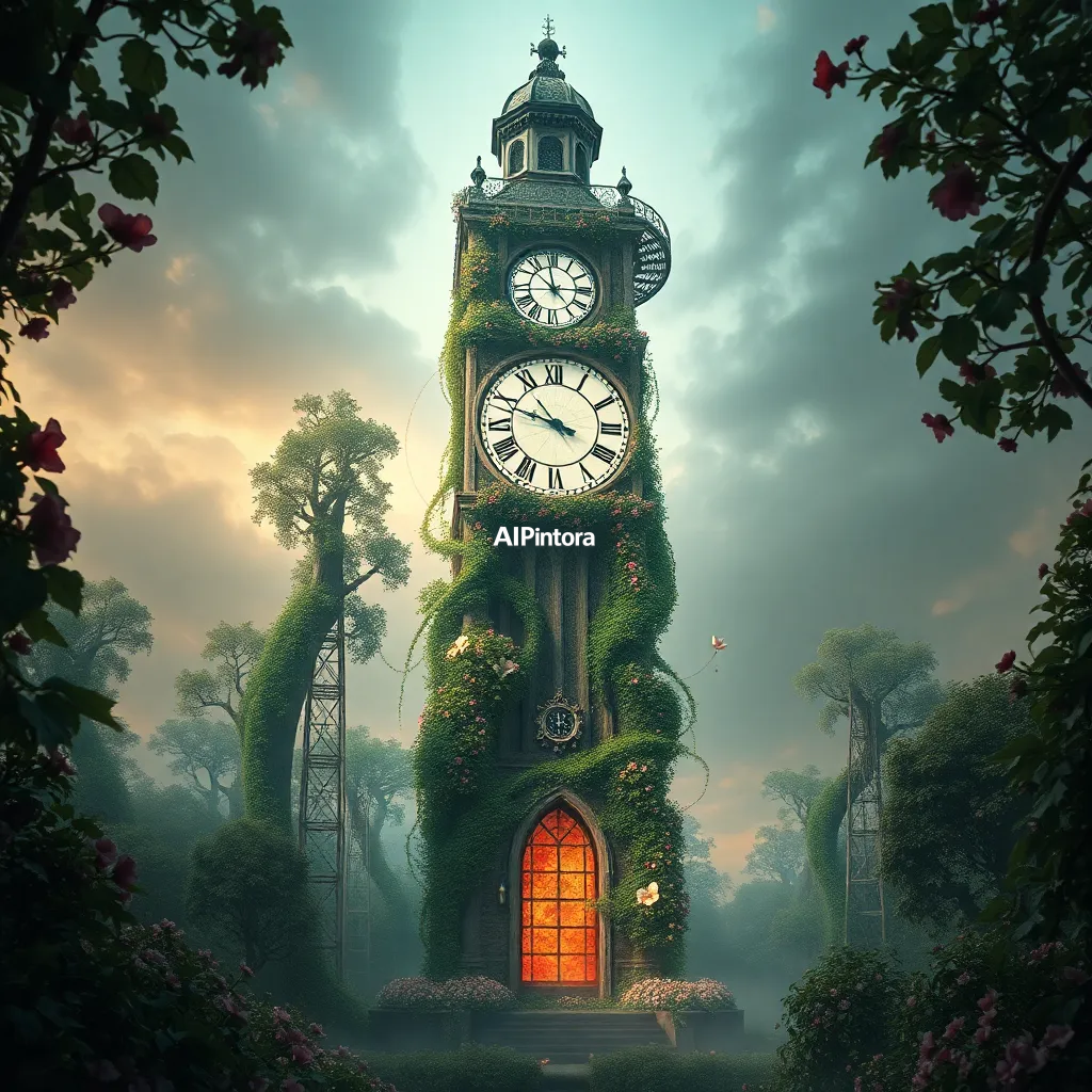 masterpiece surreal concept artwork of a giant clock tower built from living vines and flowers,
    eye catching visual idea, creative object fusion, impossible design concept,
    cinematic storytelling, strong focal subject, beautiful environment,
    dramatic lighting, rich atmosphere, premium digital painting,
    viral social media artwork, highly clickable composition, masterpiece, best quality, ultra detailed, sharp focus, cinematic lighting, volumetric lighting, depth of field, global illumination, professional color grading, hyper detailed textures, clean composition, premium visual quality, award winning artwork, 8k