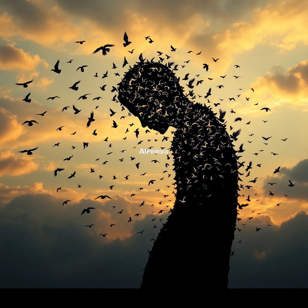 masterpiece surreal concept artwork of human silhouette formed entirely from birds migrating across the sky,
    eye catching visual idea, creative object fusion, impossible design concept,
    cinematic storytelling, strong focal subject, beautiful environment,
    dramatic lighting, rich atmosphere, premium digital painting,
    viral social media artwork, highly clickable composition, masterpiece, best quality, ultra detailed, sharp focus, cinematic lighting, volumetric lighting, depth of field, global illumination, professional color grading, hyper detailed textures, clean composition, premium visual quality, award winning artwork, 8k