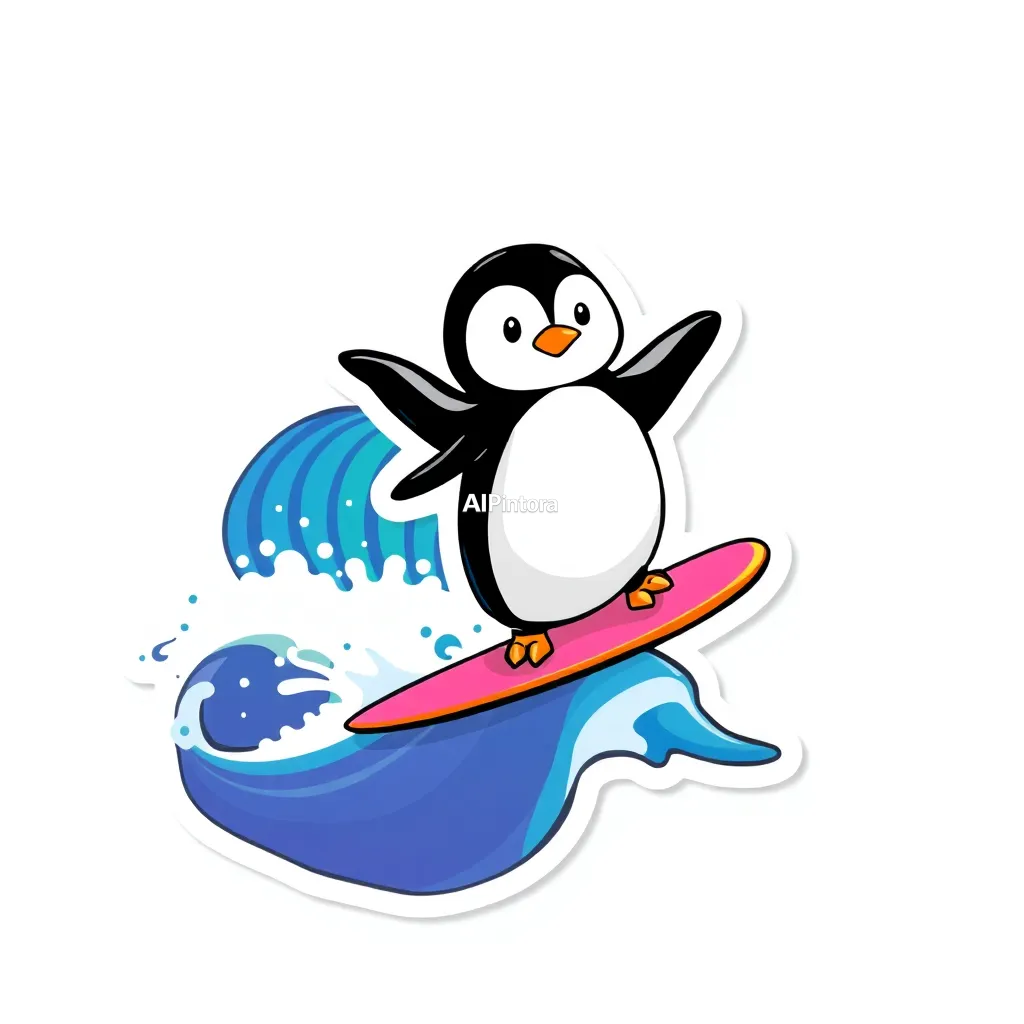 premium die-cut vinyl sticker illustration of cute penguin sticker surfing on a rainbow wave,
    centered isolated artwork, thick bold white outline, glossy sticker finish,
    clean vector cartoon style, cute collectible design, etsy bestseller sticker style,
    vibrant colors, simple readable silhouette, smooth shapes,
    printable sticker pack quality, plain clean background,
    no mockup, no product photo, no background scene, no complex environment, masterpiece, best quality, ultra detailed, sharp focus, cinematic lighting, volumetric lighting, depth of field, global illumination, professional color grading, hyper detailed textures, clean composition, premium visual quality, award winning artwork, 8k
