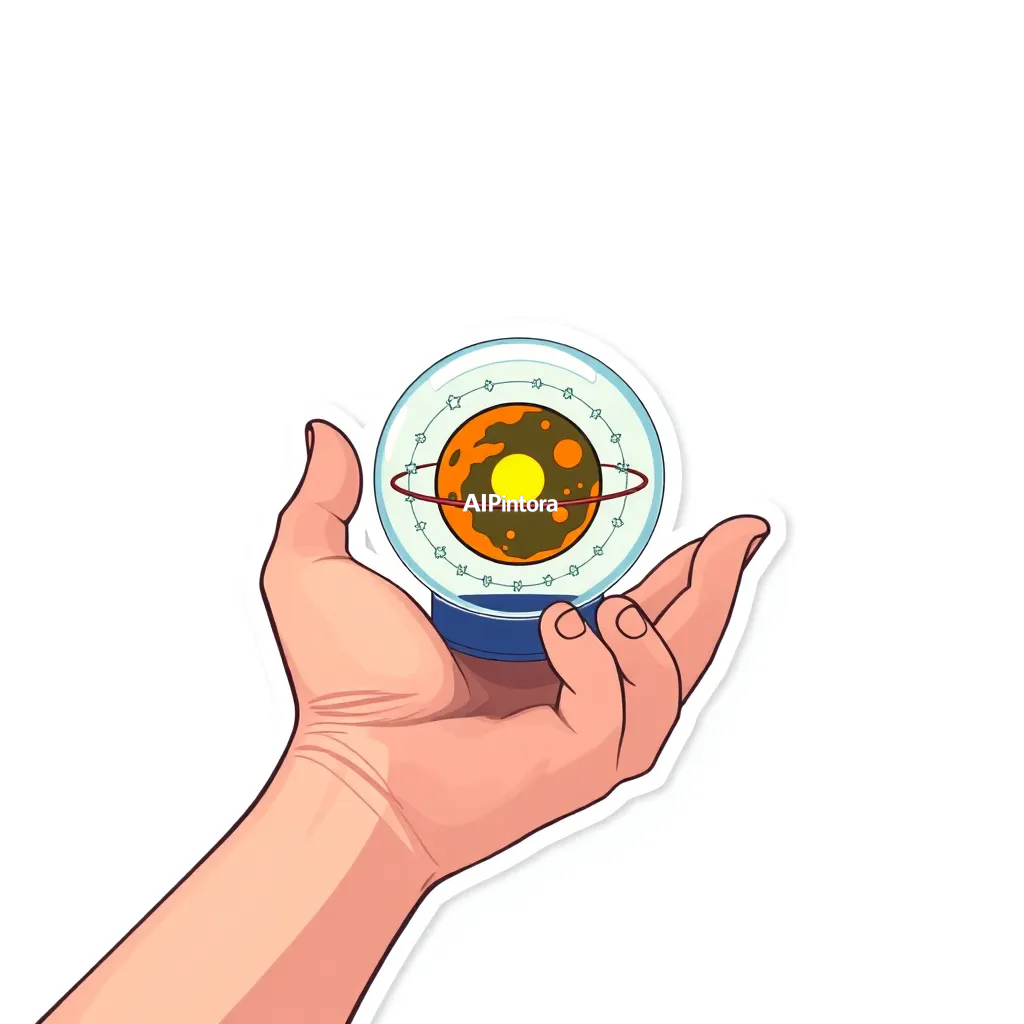 premium die-cut vinyl sticker illustration of human hand holding a miniature solar system made of glass,
    centered isolated artwork, thick bold white outline, glossy sticker finish,
    clean vector cartoon style, cute collectible design, etsy bestseller sticker style,
    vibrant colors, simple readable silhouette, smooth shapes,
    printable sticker pack quality, plain clean background,
    no mockup, no product photo, no background scene, no complex environment, masterpiece, best quality, ultra detailed, sharp focus, cinematic lighting, volumetric lighting, depth of field, global illumination, professional color grading, hyper detailed textures, clean composition, premium visual quality, award winning artwork, 8k