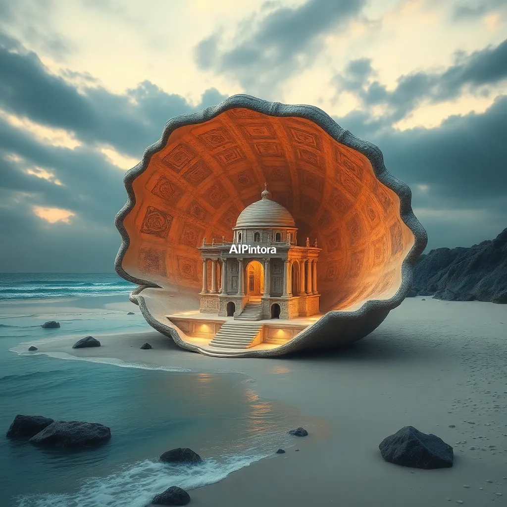 masterpiece surreal concept artwork of ancient temple built inside a giant seashell on the beach,
    eye catching visual idea, creative object fusion, impossible design concept,
    cinematic storytelling, strong focal subject, beautiful environment,
    dramatic lighting, rich atmosphere, premium digital painting,
    viral social media artwork, highly clickable composition, masterpiece, best quality, ultra detailed, sharp focus, cinematic lighting, volumetric lighting, depth of field, global illumination, professional color grading, hyper detailed textures, clean composition, premium visual quality, award winning artwork, 8k