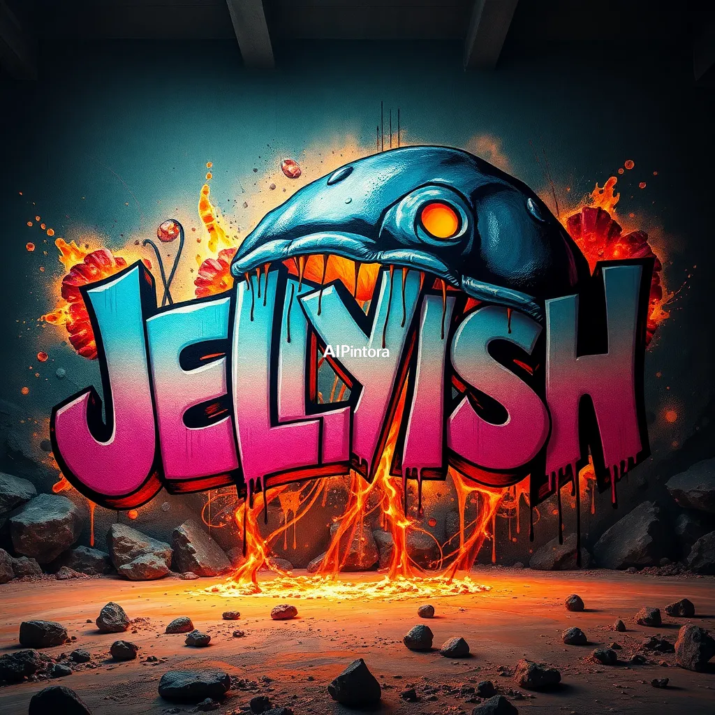 explosive graffiti typography artwork spelling or representing giant jellyfish illuminating an underwater kingdom,
    bold 3D lettering, dripping paint textures, spray paint splashes,
    urban wall art energy, dynamic paint explosion, oversized typography focus,
    underground hip hop aesthetic, high contrast street art composition,
    clean readable main subject, premium poster graphic, masterpiece, best quality, ultra detailed, sharp focus, cinematic lighting, volumetric lighting, depth of field, global illumination, professional color grading, hyper detailed textures, clean composition, premium visual quality, award winning artwork, 8k