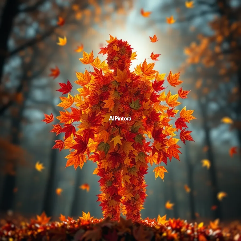 masterpiece surreal concept artwork of human silhouette made entirely from colorful autumn leaves,
    eye catching visual idea, creative object fusion, impossible design concept,
    cinematic storytelling, strong focal subject, beautiful environment,
    dramatic lighting, rich atmosphere, premium digital painting,
    viral social media artwork, highly clickable composition, masterpiece, best quality, ultra detailed, sharp focus, cinematic lighting, volumetric lighting, depth of field, global illumination, professional color grading, hyper detailed textures, clean composition, premium visual quality, award winning artwork, 8k