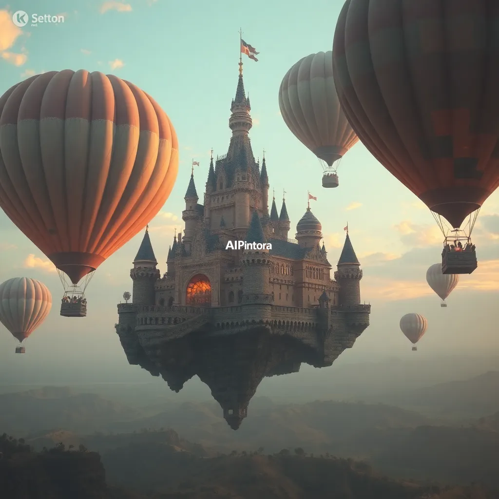masterpiece surreal concept artwork of floating castle supported by giant hot air balloons,
    eye catching visual idea, creative object fusion, impossible design concept,
    cinematic storytelling, strong focal subject, beautiful environment,
    dramatic lighting, rich atmosphere, premium digital painting,
    viral social media artwork, highly clickable composition, masterpiece, best quality, ultra detailed, sharp focus, cinematic lighting, volumetric lighting, depth of field, global illumination, professional color grading, hyper detailed textures, clean composition, premium visual quality, award winning artwork, 8k