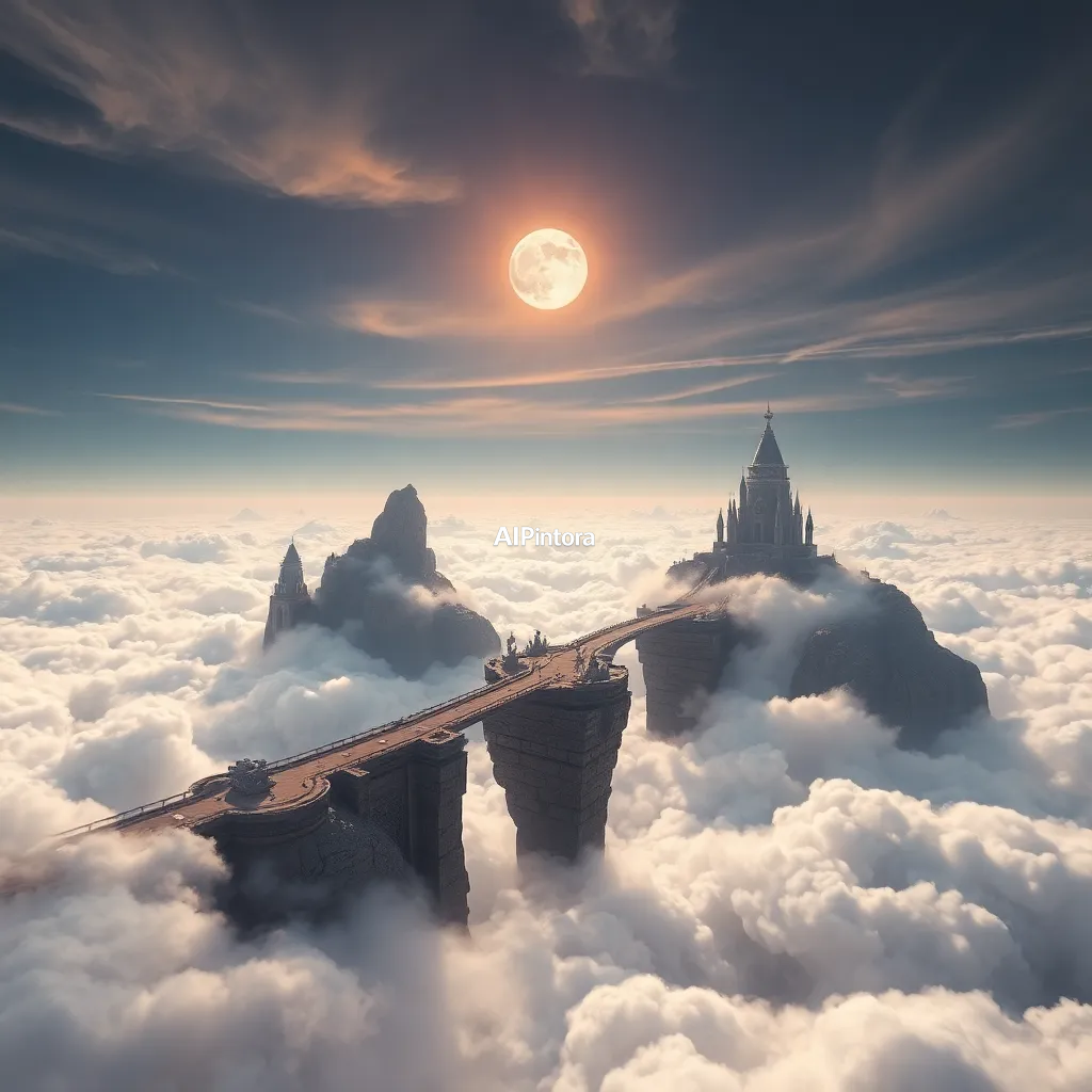masterpiece surreal concept artwork of ancient bridge connecting floating islands above the clouds,
    eye catching visual idea, creative object fusion, impossible design concept,
    cinematic storytelling, strong focal subject, beautiful environment,
    dramatic lighting, rich atmosphere, premium digital painting,
    viral social media artwork, highly clickable composition, masterpiece, best quality, ultra detailed, sharp focus, cinematic lighting, volumetric lighting, depth of field, global illumination, professional color grading, hyper detailed textures, clean composition, premium visual quality, award winning artwork, 8k