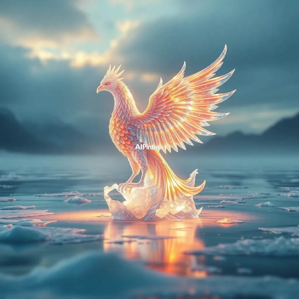 masterpiece surreal concept artwork of a crystal phoenix rising from a frozen lake,
    eye catching visual idea, creative object fusion, impossible design concept,
    cinematic storytelling, strong focal subject, beautiful environment,
    dramatic lighting, rich atmosphere, premium digital painting,
    viral social media artwork, highly clickable composition, masterpiece, best quality, ultra detailed, sharp focus, cinematic lighting, volumetric lighting, depth of field, global illumination, professional color grading, hyper detailed textures, clean composition, premium visual quality, award winning artwork, 8k
