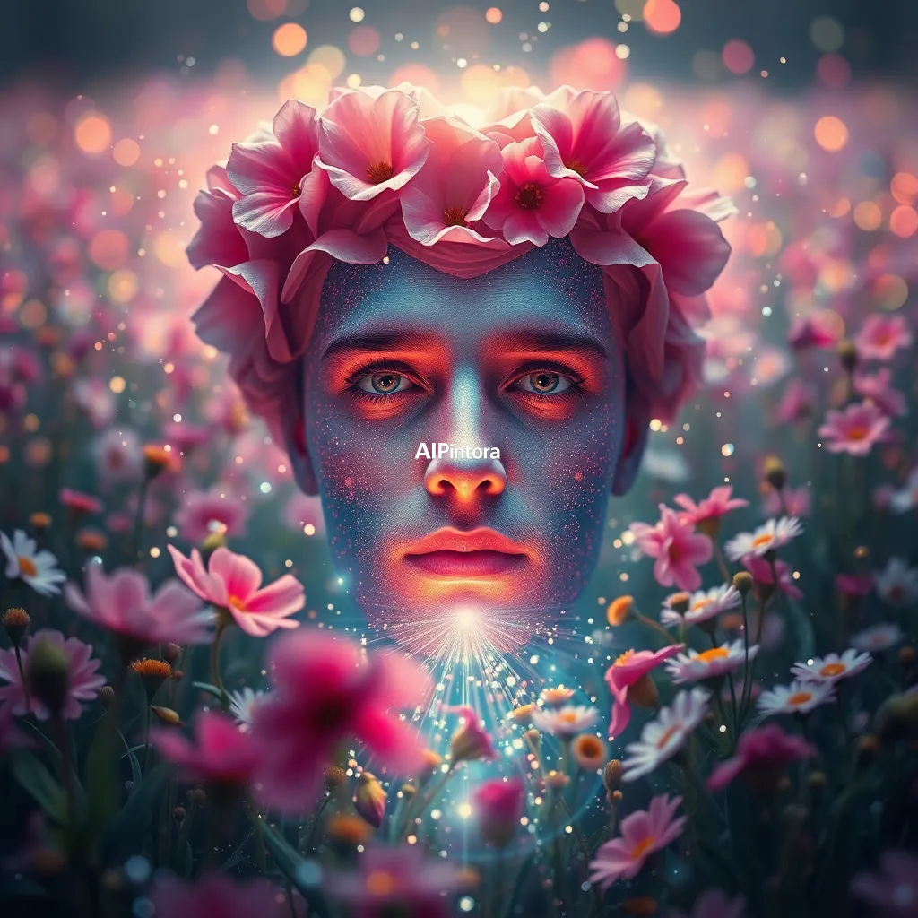 masterpiece surreal concept artwork of human face emerging from a field of blooming flowers and light particles,
    eye catching visual idea, creative object fusion, impossible design concept,
    cinematic storytelling, strong focal subject, beautiful environment,
    dramatic lighting, rich atmosphere, premium digital painting,
    viral social media artwork, highly clickable composition, masterpiece, best quality, ultra detailed, sharp focus, cinematic lighting, volumetric lighting, depth of field, global illumination, professional color grading, hyper detailed textures, clean composition, premium visual quality, award winning artwork, 8k