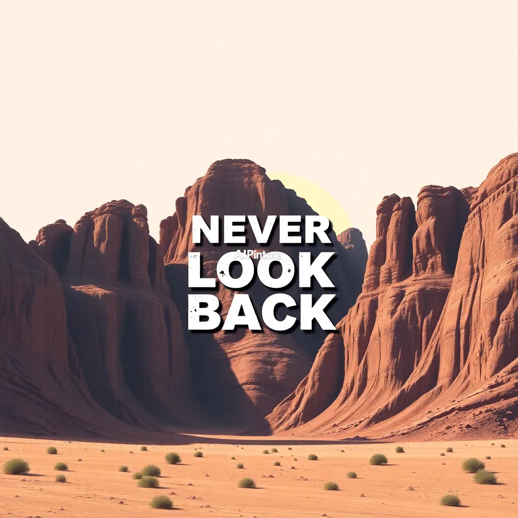 premium printable t-shirt graphic design featuring NEVER LOOK BACK typography carved into desert cliffs,
    isolated centered artwork, strong silhouette, bold readable composition,
    streetwear apparel graphic, merch by amazon style, commercial print ready,
    high contrast illustration, clean edges, limited background,
    easy background removal, poster quality apparel artwork,
    no model, no person wearing shirt, no t-shirt mockup, no product photo,
    no room background, no messy background, no random extra objects,
    no shadows on background, masterpiece, best quality, ultra detailed, sharp focus, cinematic lighting, volumetric lighting, depth of field, global illumination, professional color grading, hyper detailed textures, clean composition, premium visual quality, award winning artwork, 8k