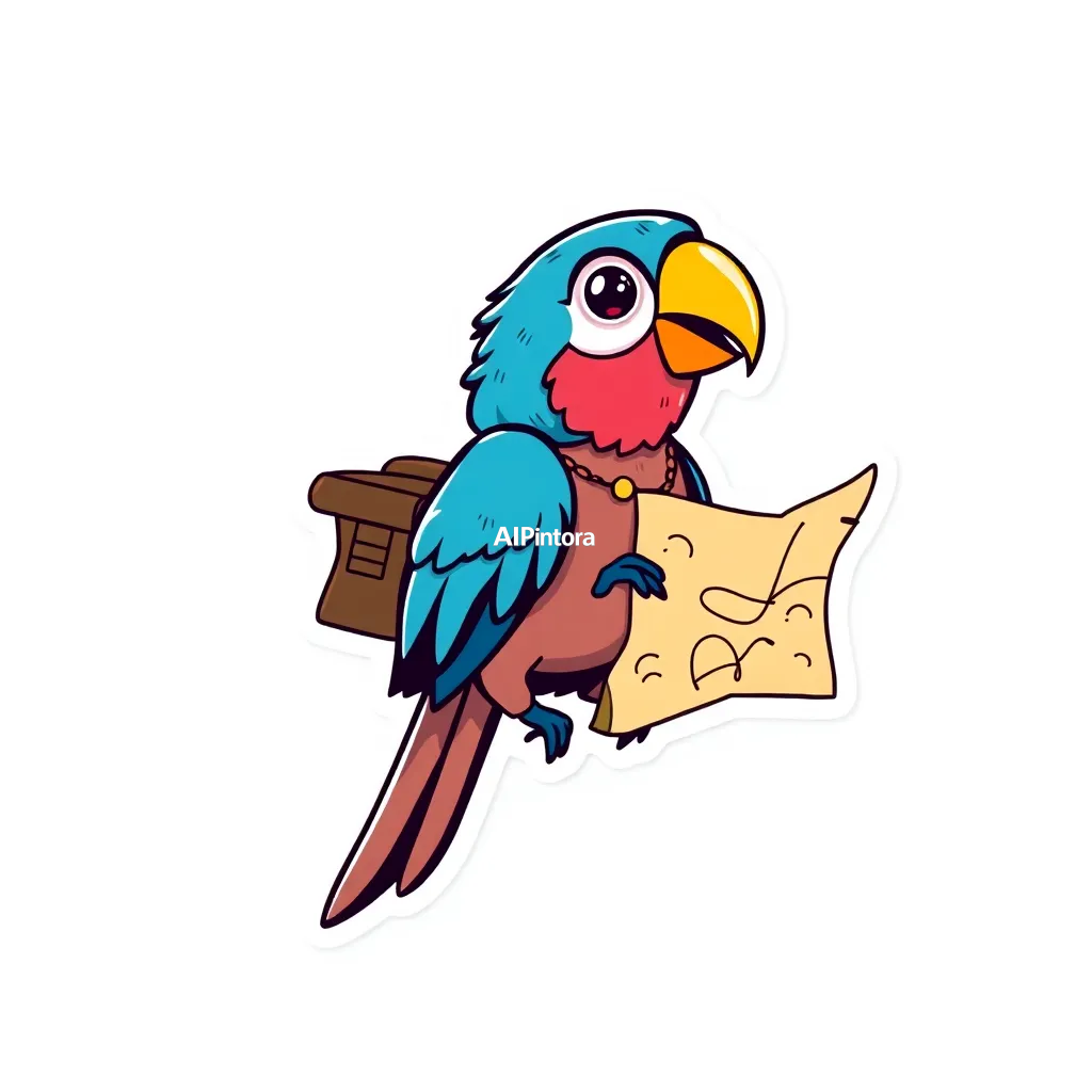 premium die-cut vinyl sticker illustration of cute parrot sticker carrying a treasure map,
    centered isolated artwork, thick bold white outline, glossy sticker finish,
    clean vector cartoon style, cute collectible design, etsy bestseller sticker style,
    vibrant colors, simple readable silhouette, smooth shapes,
    printable sticker pack quality, plain clean background,
    no mockup, no product photo, no background scene, no complex environment, masterpiece, best quality, ultra detailed, sharp focus, cinematic lighting, volumetric lighting, depth of field, global illumination, professional color grading, hyper detailed textures, clean composition, premium visual quality, award winning artwork, 8k